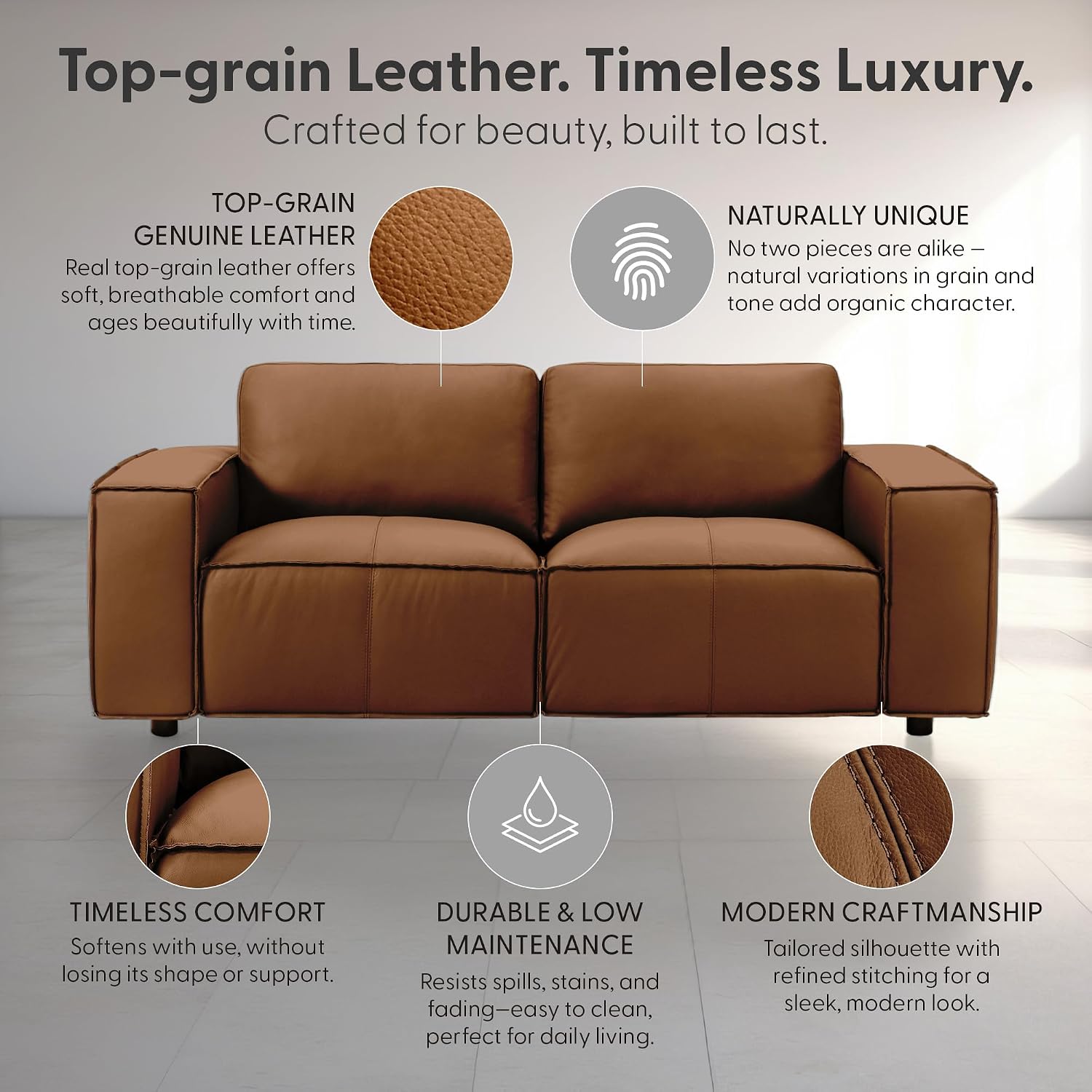 Clayton 76' Modern Leather Loveseat in Anthracite Gray or Ochre with Track Arms