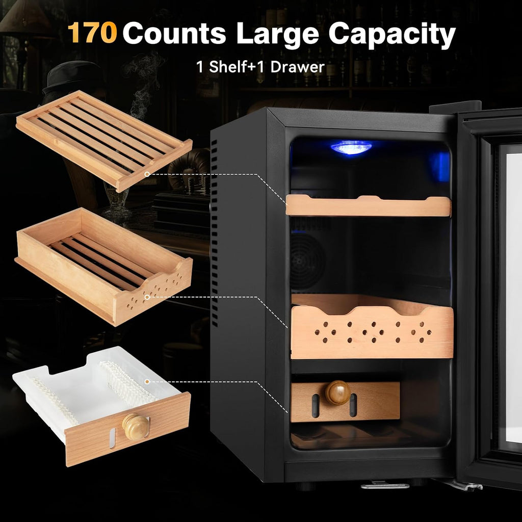 Electric Cooler Cabinet 25L with Temperature and Humidity Control, Spanish Cedar Wood Shelves and Safety Lock (200 Counts Capacity), Gift for Men