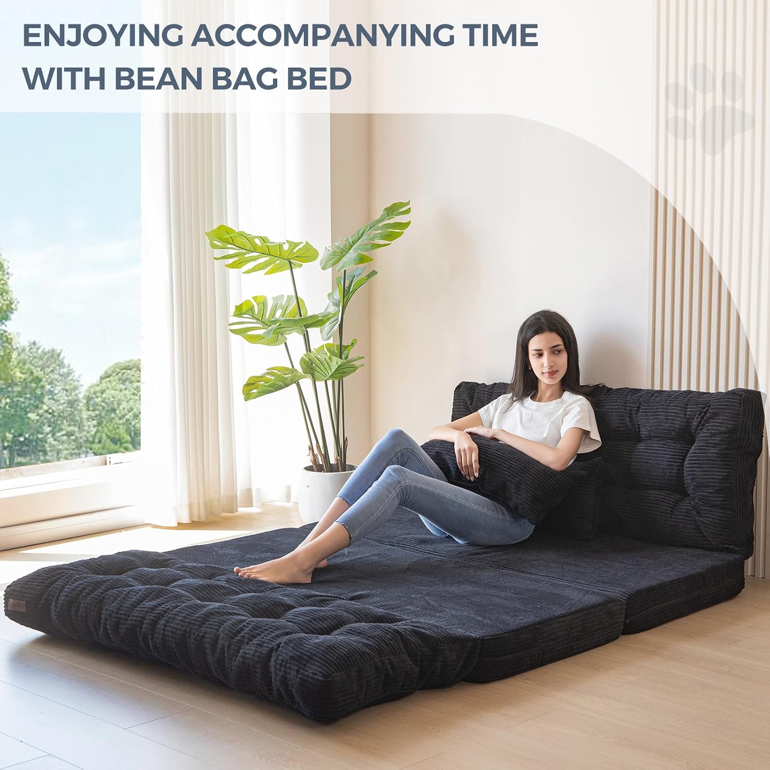 MAXYOYO Folding Sofa Bed, Tufted Bean Bag Bed with Pillows Floor Mattress for Adults, Extra Thick and Long Floor Sofa, Full Floor Couch Bed for Bedroom Living Room, Black, 54x91 Inch