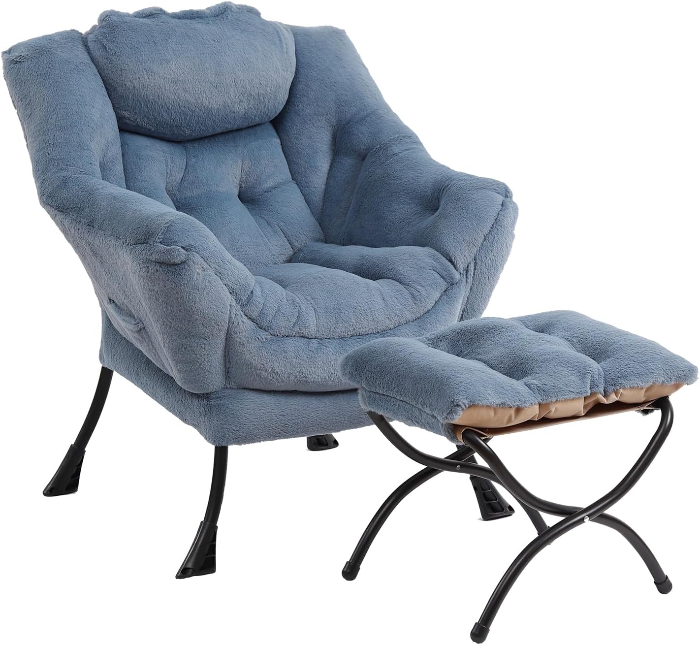 Furlide Lazy Chair with Ottoman, Modern Accent Chair with Armrests and a Side Pocket, Plush Light Blue Accent Chairs, Reading Chairs, Oversized Armchairs for Bedroom, Study, Living Room, Courtyard