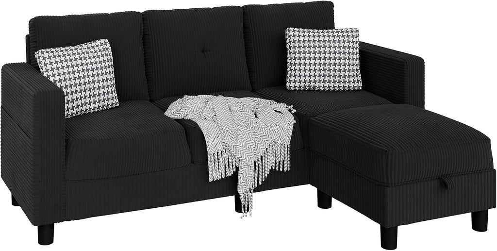 Convertible Sectional Sofa with Storage Ottoman, 77' L-Shaped 3-Seat Couch with Skin-Friendly Corduroy Fabric, Reversible Small Sectional for Small Space, Apartment, Living Room and Office(Black)