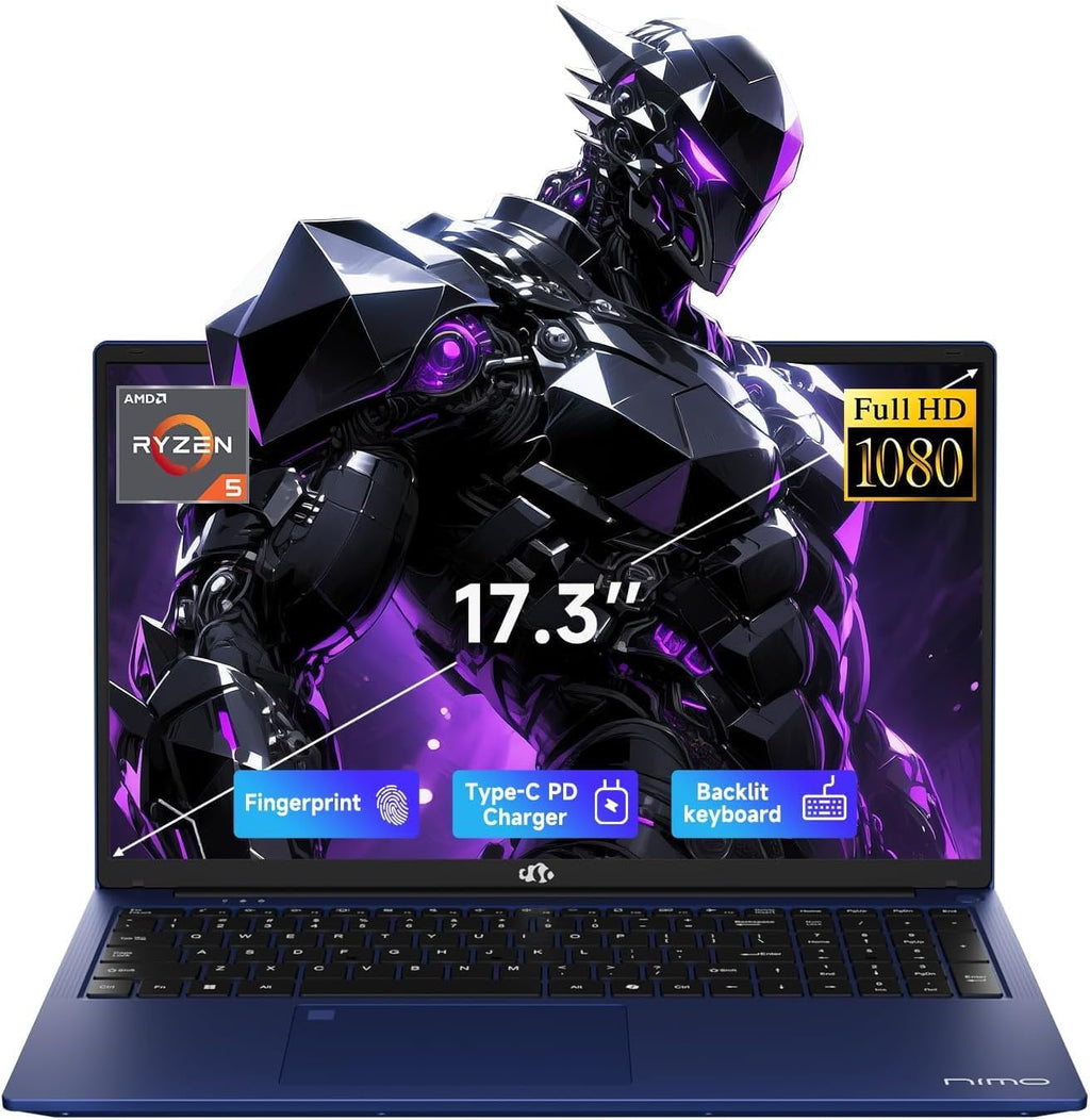 NIMO 17.3' FHD Laptop, AMD Ryzen 5 6600H (6C/12T, Up to 4.5GHz) 32GB DDR5 1TB SSD, Big Screen Notebook with 100W PD Fast Charge, Backlit KB, Fingerprint, WiFi 5, Win 11 - Work, Study & Streaming