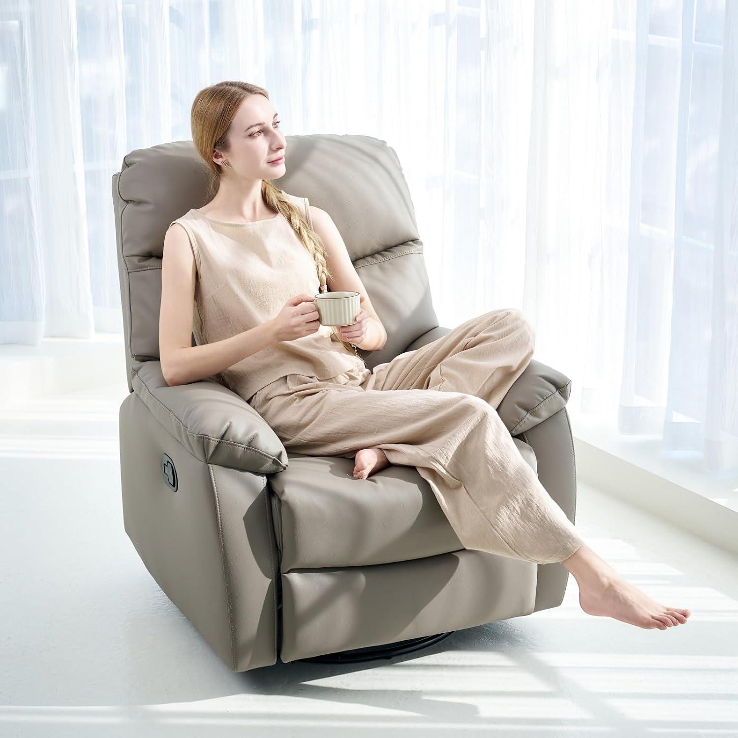 Recliner Sofa Rocking Chair Swivel Manual Adjustable 360 Degree Spinning with Ergonomics Lumbar Support Natural Leather for Home Theater Seating Living Room, Bedroom, Nursery, Grey