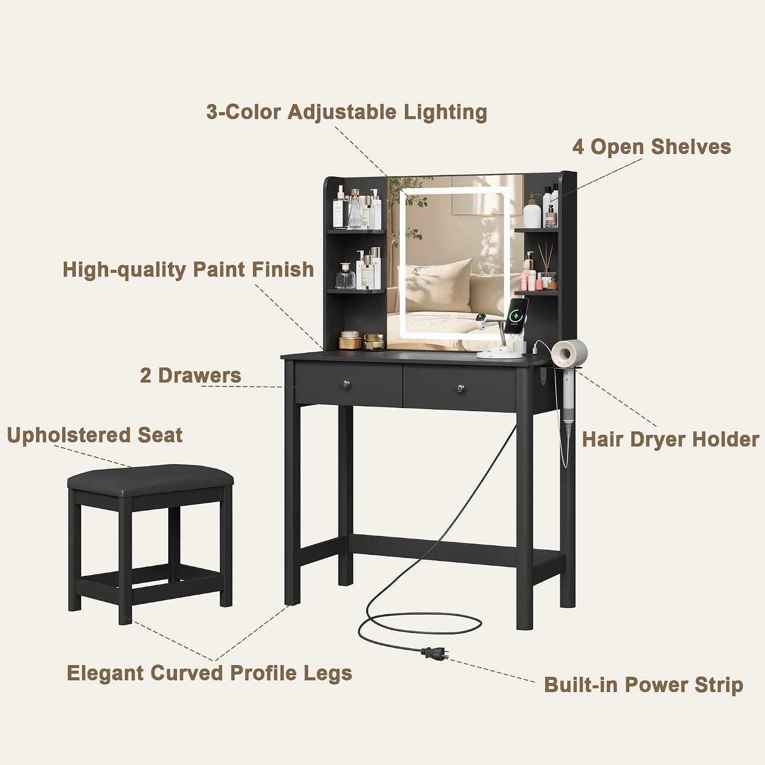 Vanity Desk with Mirror and LED Lights, Small Makeup Vanity Table Set with Drawers and Chair, Dressing Table with Power Outlet for Girls Bedroom, Black