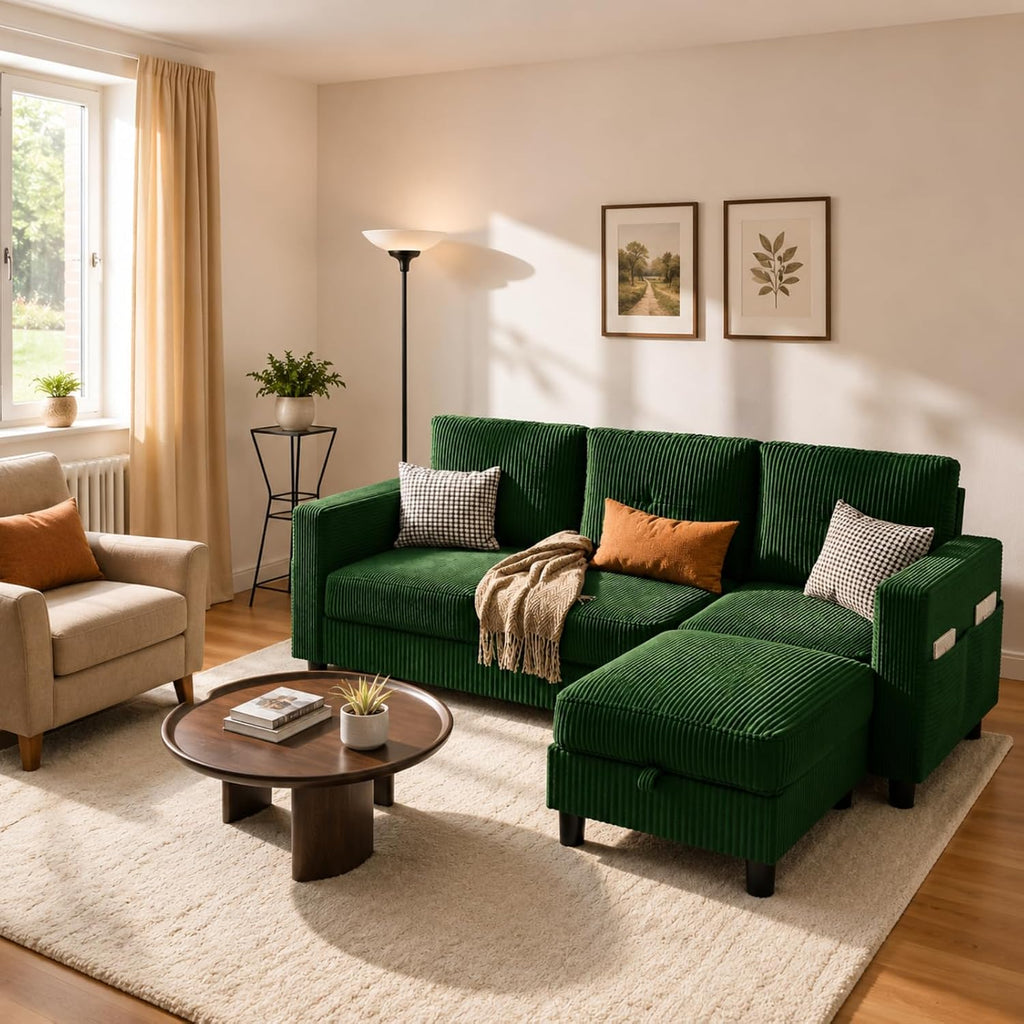 Convertible Sectional Sofa with Storage Ottoman, 77' L-Shaped 3-Seat Couch with Skin-Friendly Corduroy Fabric, Reversible Small Sectional for Small Space, Apartment, Living Room and Office(Green)