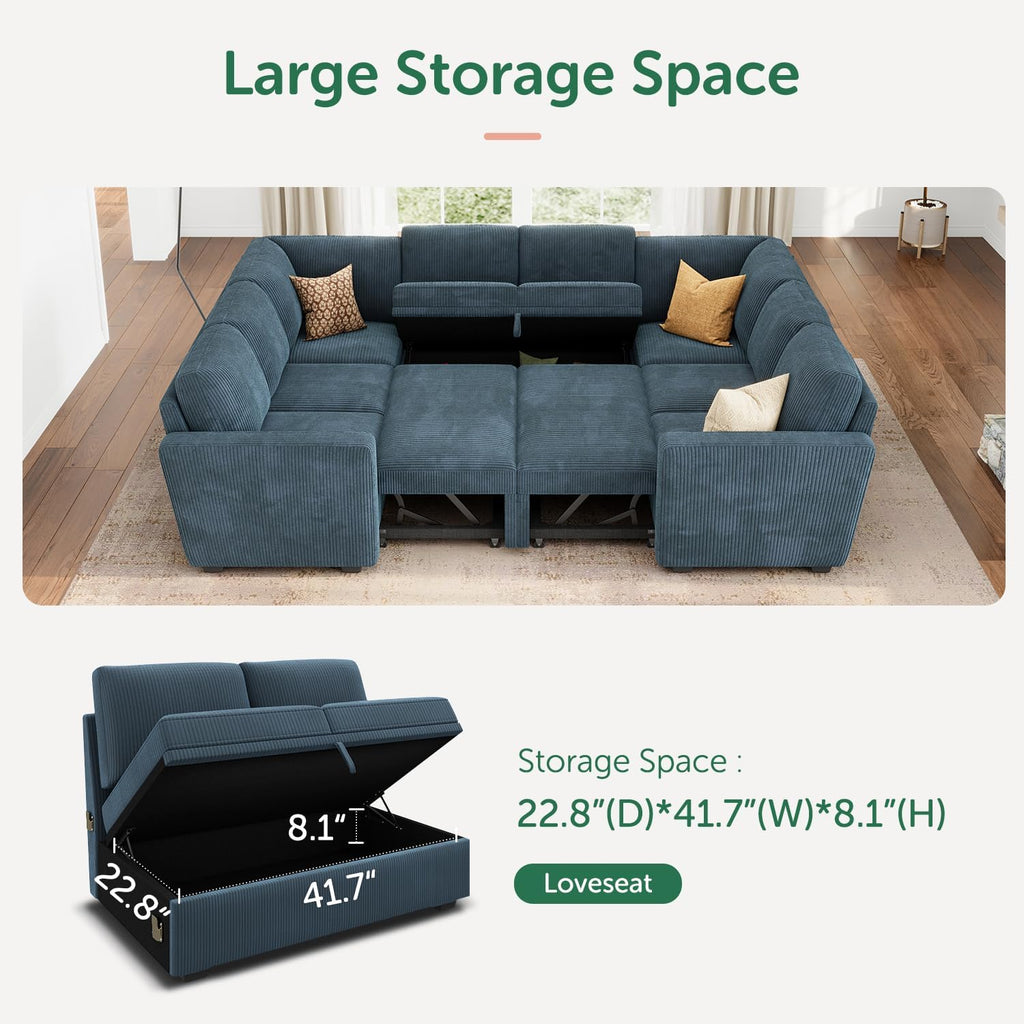 HONBAY Modular Sectional Couch with Pull Out Bed, Corduroy Sleeper Sofa with Storage Seats, U Shaped Sectional Couches for Living Room, Blue
