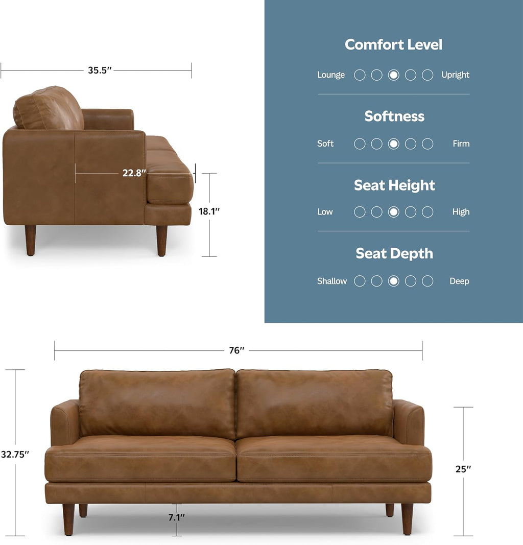 SIMPLIHOME Livingston Sofa - 76' Wide x 33' High Top Grain Genuine Leather Sofa in Caramel Brown, Mid-Century Modern Loveseat with Removable Feather-Wrapped Cushions and Solid Wood Frame
