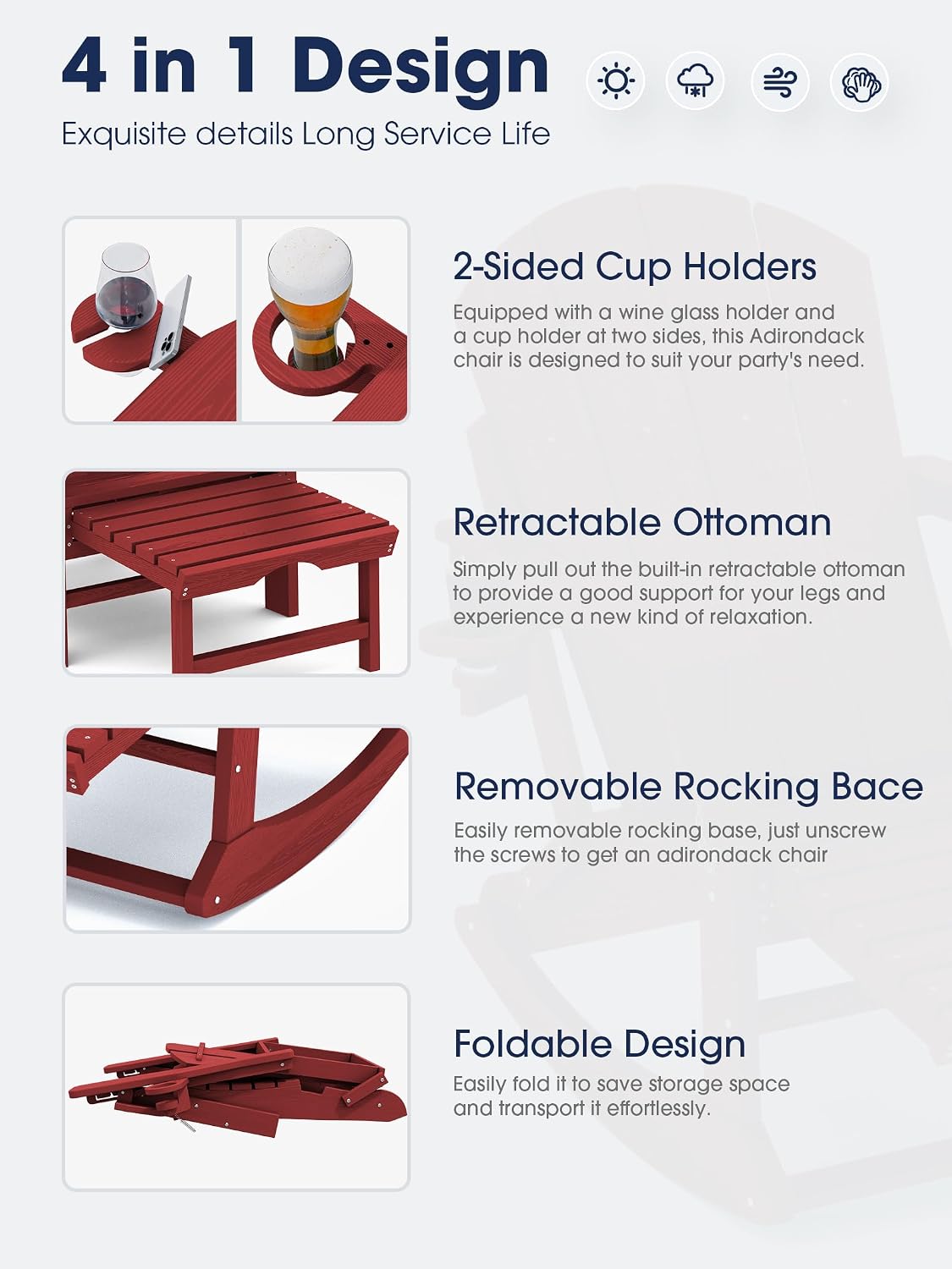 KINGYES Adirondack Rocking Chair with Retractable Ottoman and Cup Holders, HDPE Adirondack Rocker Patio Rocking Chair for Porch, Patio, Balcony, Burgundy Red