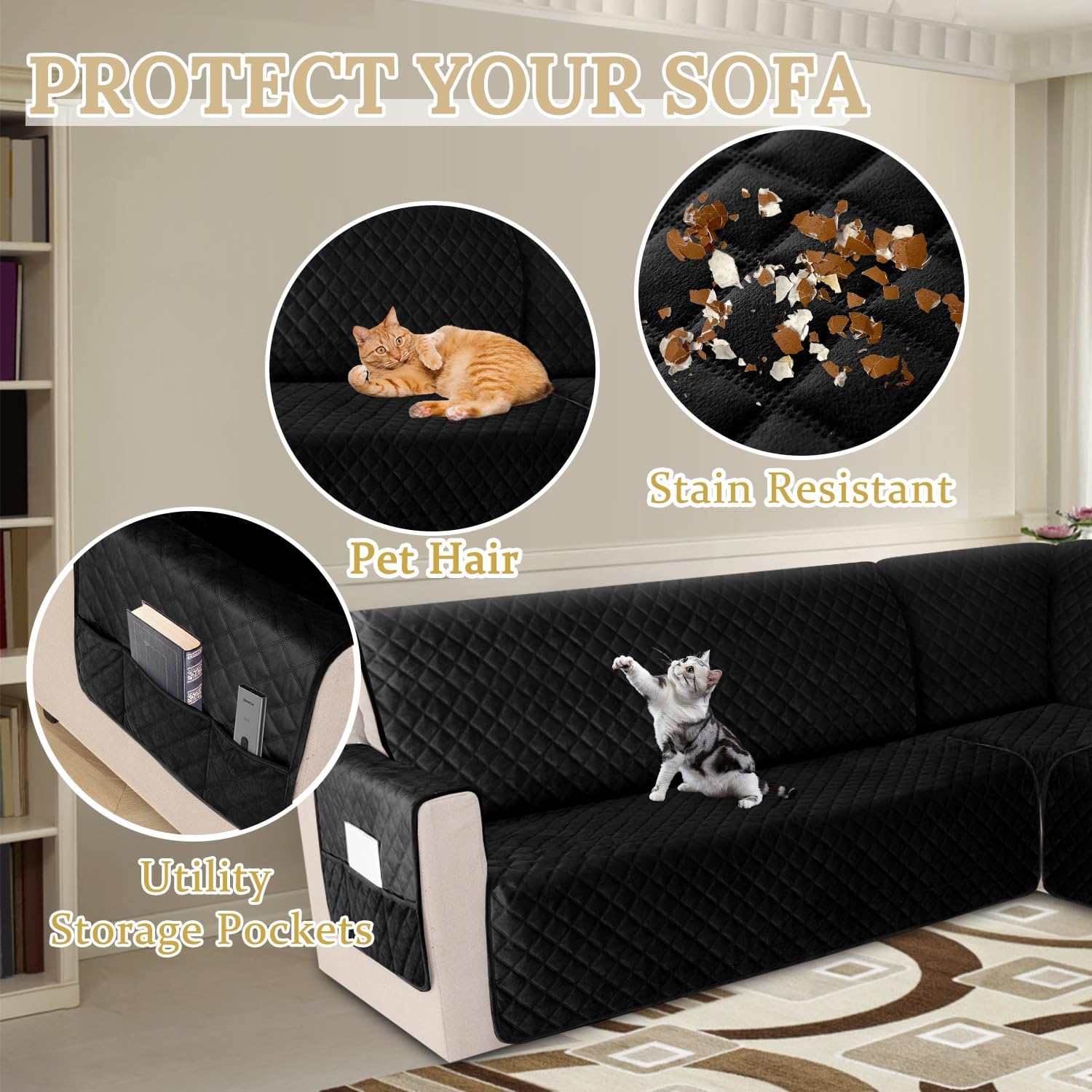 HDCAXKJ Waterproof Corner Sectional Couch Cover Velvet L Shape Sofa Covers for Pets Dogs Soft Heavy Duty U Shaped Sofa Slipcovers Sets for Sectional Non Slip Furniture Protector (Black, X-Large)