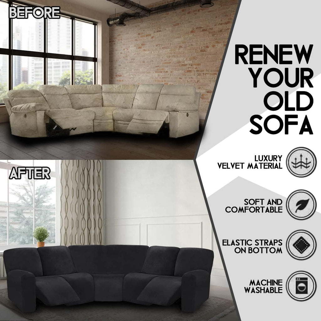 ULTICOR 7-Piece L Shape Sectional Recliner Sofa Covers, Velvet Stretch Reclining Couch Covers for Sofa, Thick, Soft, Washable (Black, 5 Seat Cover)