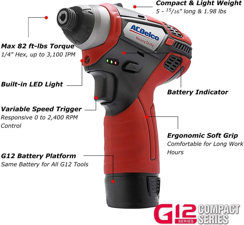ACDelco G12 Series 3-Tool Cordless Combo 3/8' Brushless Ratchet Wrench + 2-Speed Drill/Driver+ Impact Driver, 2-battery, ARW12103-K11