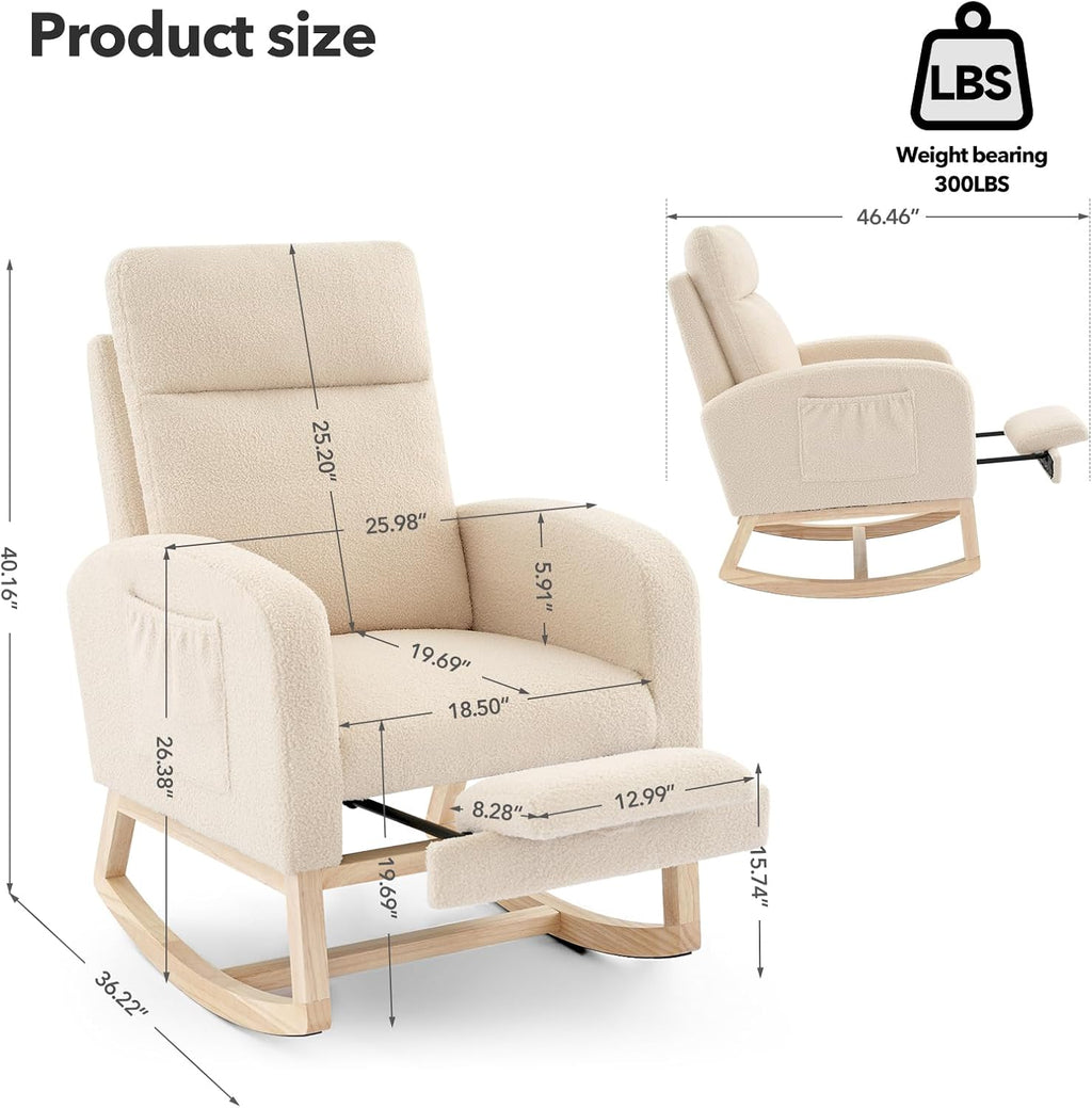 Nursery Rocking Chair with Foot Rest,Modern PU Upholstered Reading Glider Chair,High Backrest & Side Pocket for Living Room, Bedroom, Baby Room