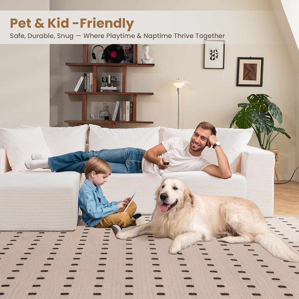 108' L-Shaped Boneless Couch, Modular Sectional Sofa with Moveable Ottoman, Corduroy Cloud Couches for Living Room, No Assembly, Ship in a Box, Beige