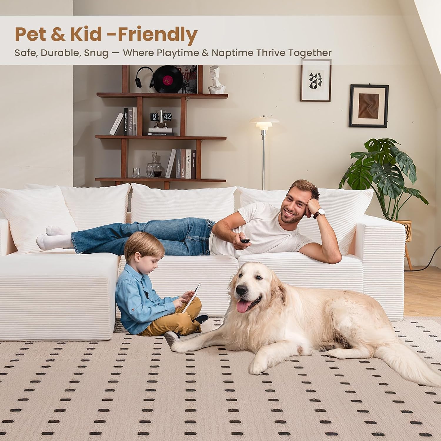 108' L-Shaped Boneless Couch, Modular Sectional Sofa with Moveable Ottoman, Corduroy Cloud Couches for Living Room, No Assembly, Ship in a Box, Beige