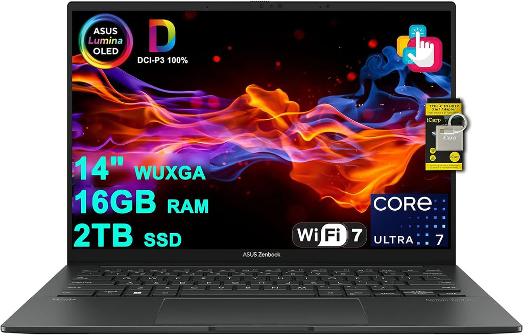 ASUS Zenbook 14 Creator Laptop 14' WUXGA Lumina OLED Touch (500nits HDR, 100% DCI-P3) Intel 16-core Ultra 7 255H (Up to 13 Tops) 16GB RAM 2TB SSD for Business Work Win11 ICP Hub