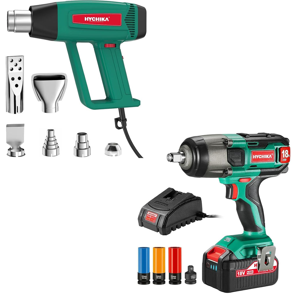 HYCHIKA Power Tool Combo Kit, 18 V Max Cordless Impact Wrench with 1/2 Impact Drivers,1800W Heat Gun, Heating Crafting Gun with 6 Nozzles,2-Tool Power Tool Set