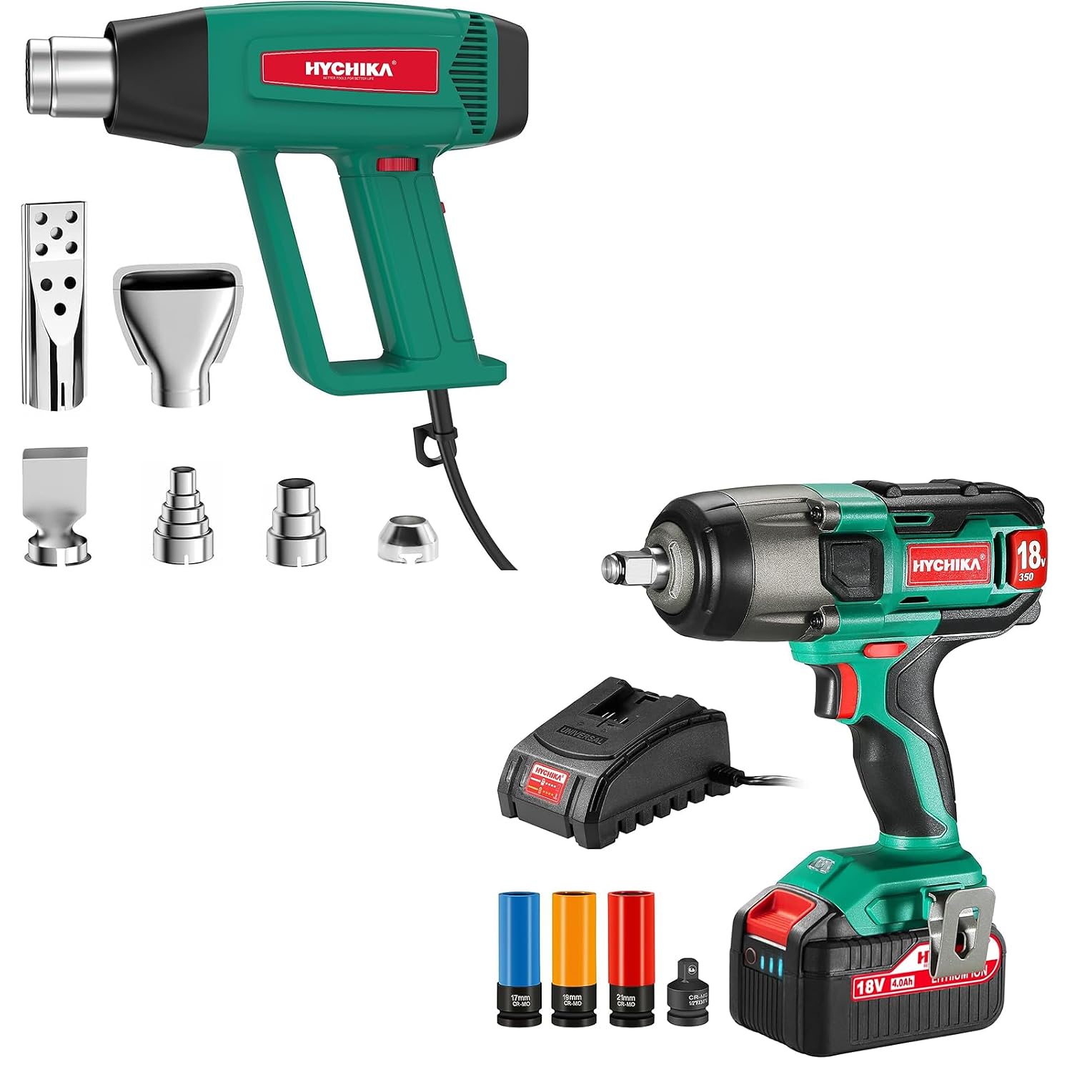 HYCHIKA Power Tool Combo Kit, 18 V Max Cordless Impact Wrench with 1/2 Impact Drivers,1800W Heat Gun, Heating Crafting Gun with 6 Nozzles,2-Tool Power Tool Set