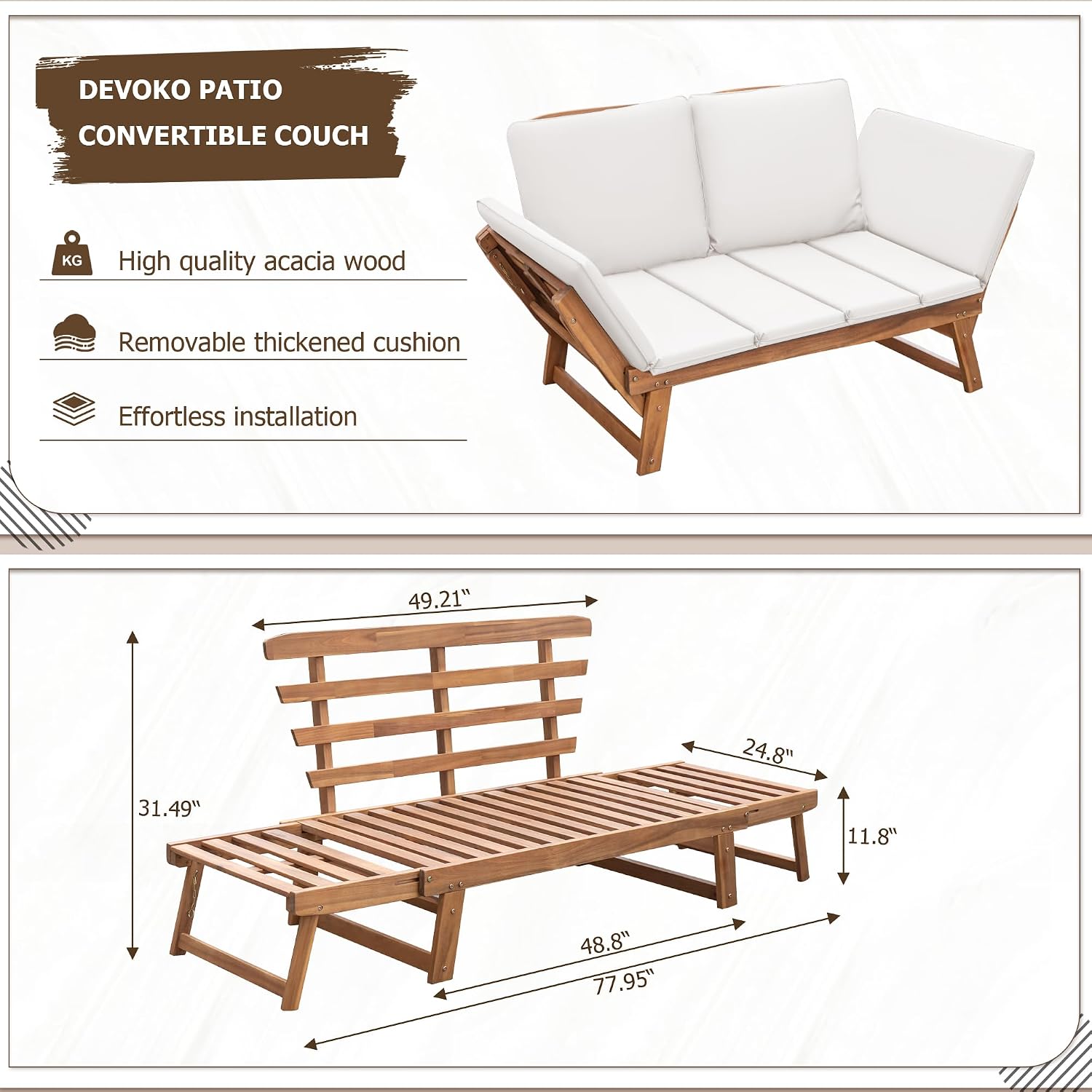 Devoko Outdoor Couch Acacia Wood Patio Couch with Adjustable Armrests, Outdoor Convertible Sofa with Removable Cushions & Pillows for Patio, Porch, Poolside(White)