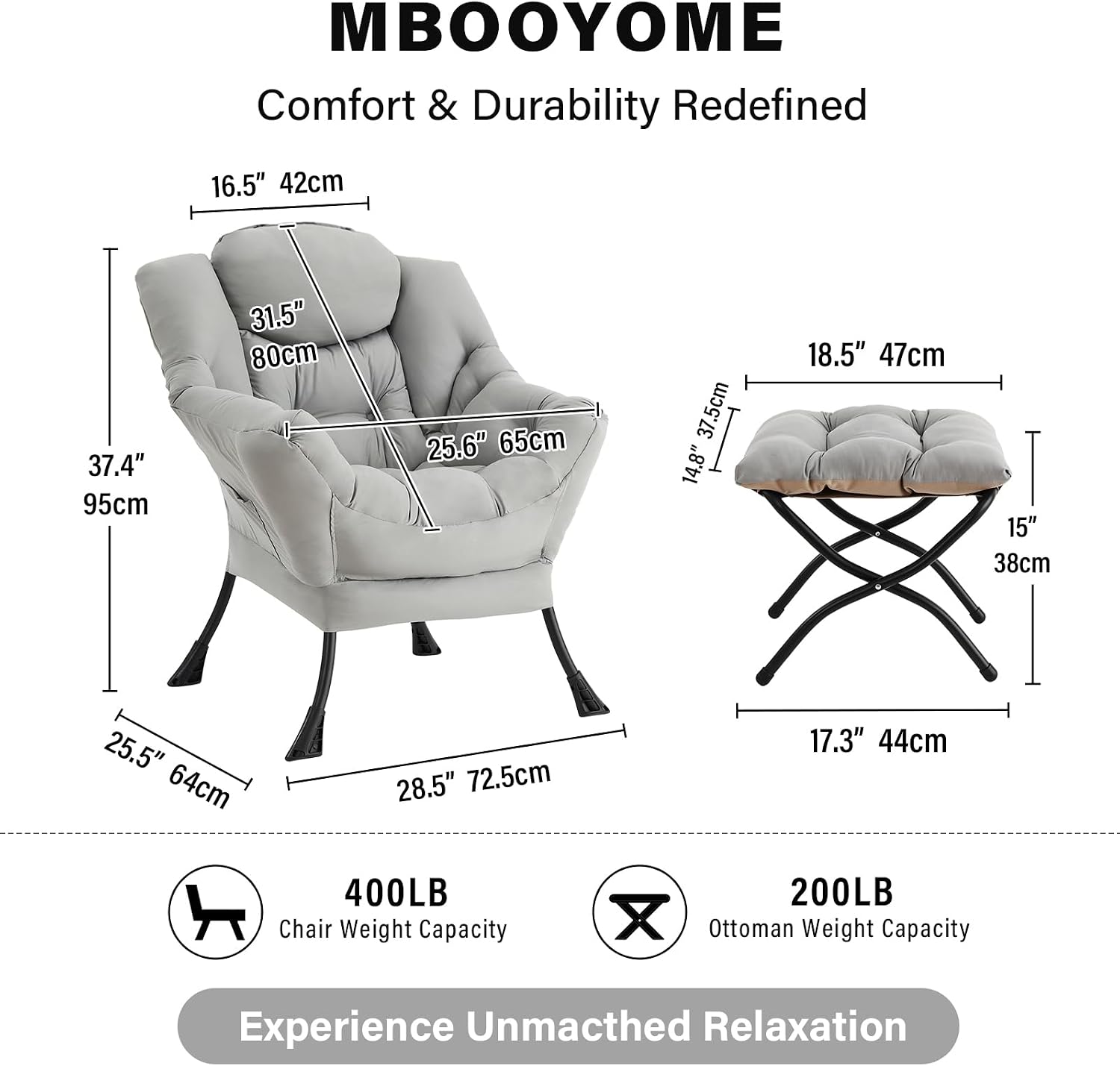 MBOOYOME Lazy Chair with Folding Ottoman, Modern Accent Lounge Armchair with Armrests and a Side Pocket & Foldable Footstool, Leisure Reading Chair for Living Room, Bedroom, Dorm & Office, Light Grey