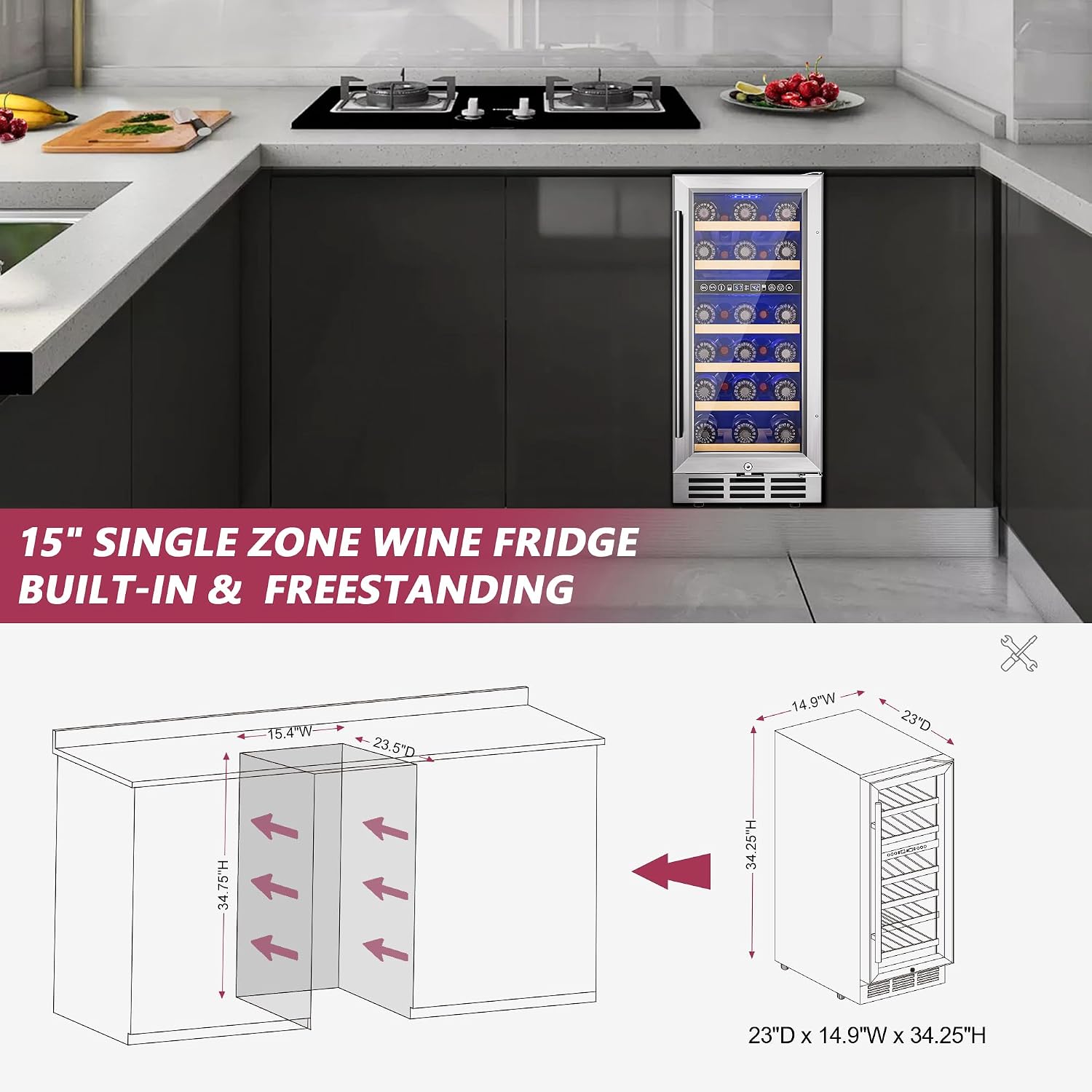 Icyglee 15 Inch Dual Zone Wine Fridge, 30 Bottles Under Counter Wine Cooler Refrigerator with Double-Layer Glass Door for Home Office Bar, Built-in Wine Refrigerator with security lock,40-65°F