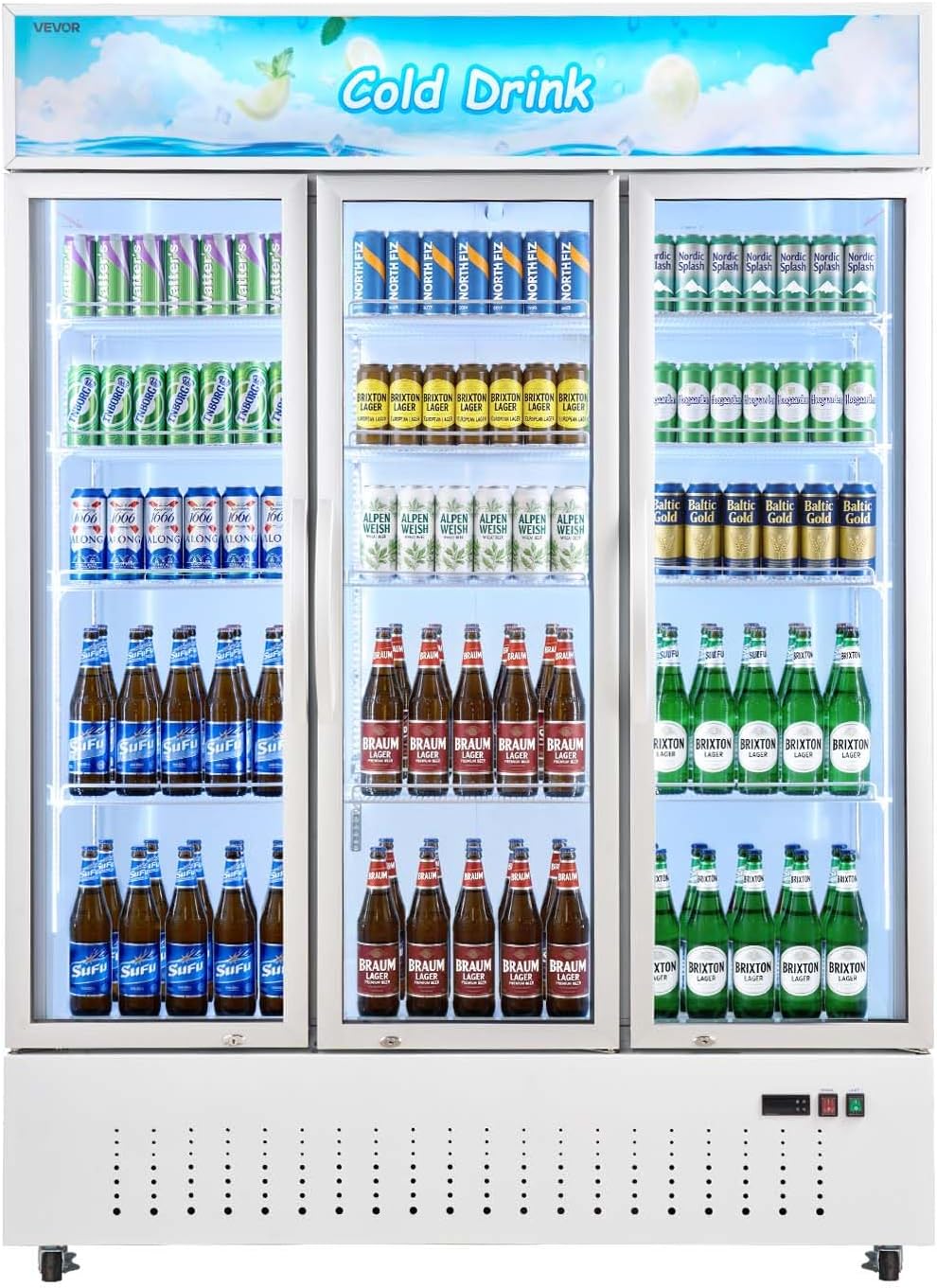 VEVOR Commercial Merchandiser Refrigerator, 36.4 Cu.Ft / 1030L Upright Beverage Cooler, 3 Glass Door Display Refrigerator with Customizable Lightbox, 12 Adjustable Shelves, Soft LED Lighting & Casters