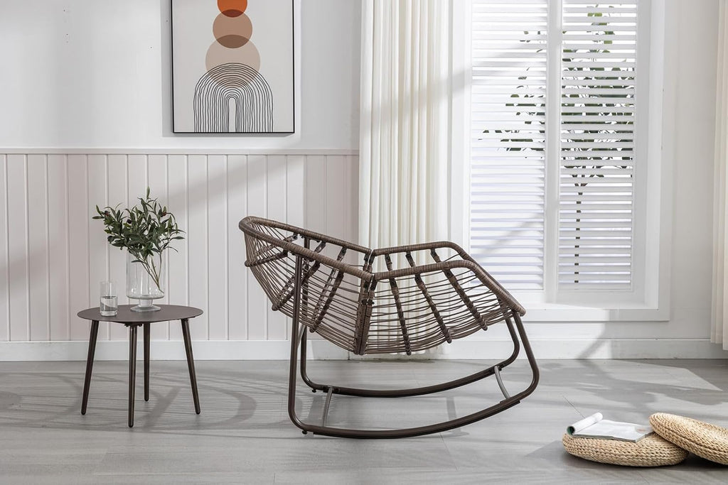 Outside Rattan Rocking Chair with Wicker Cushion, Oversized Lounge Papasan Chair, Outdoor Camping Chairs Patio Furniture for Garden, Balcony, Front Porch & Living Room, White