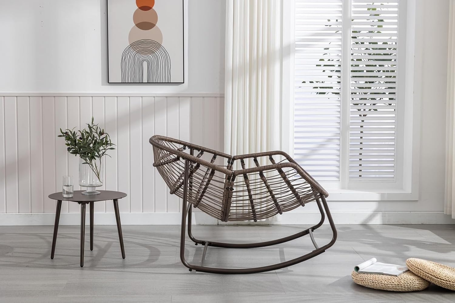 Outside Rattan Rocking Chair with Wicker Cushion, Oversized Lounge Papasan Chair, Outdoor Camping Chairs Patio Furniture for Garden, Balcony, Front Porch & Living Room, White