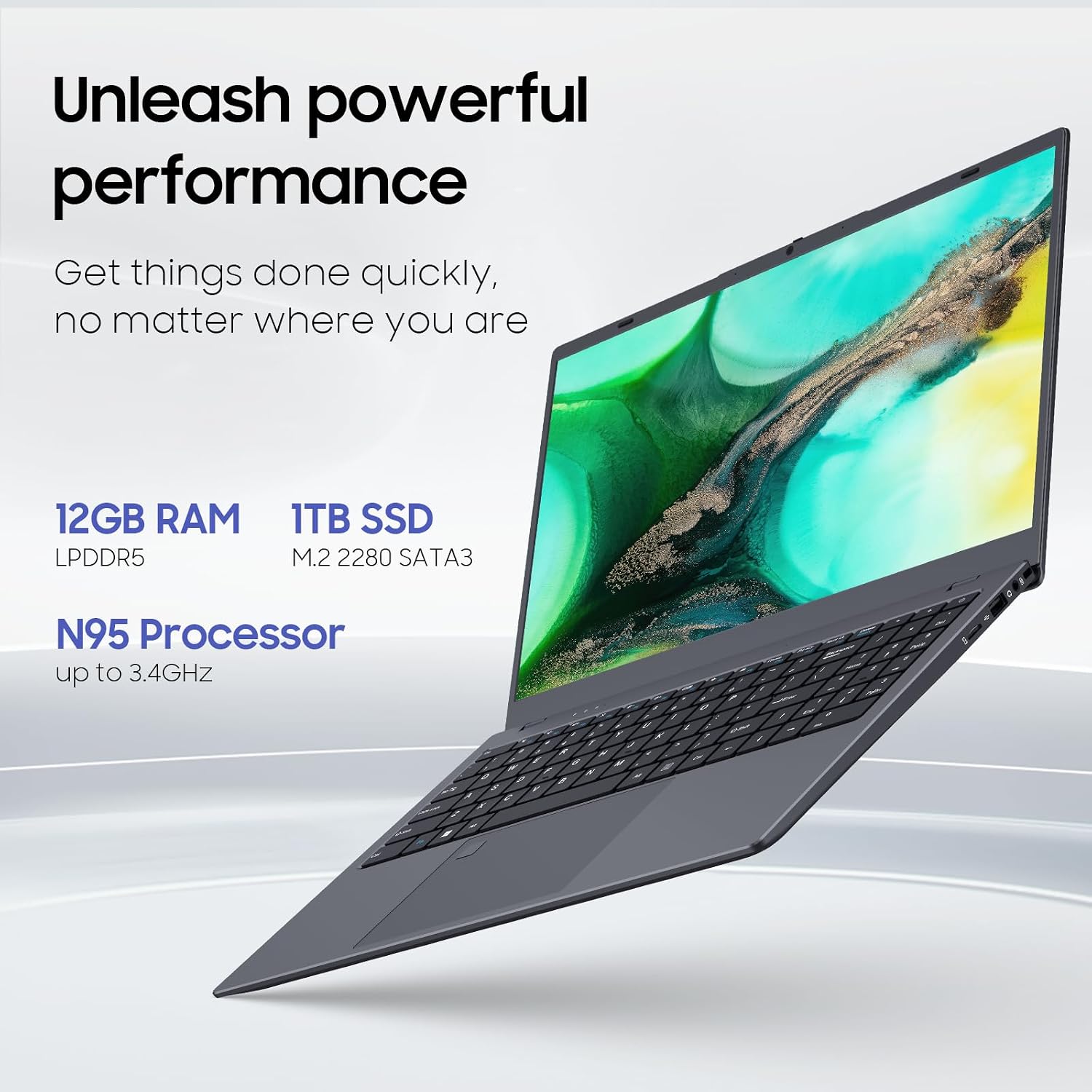 Laptop Computer, 1TB SSD, 12GB RAM Laptops, Quad Core N95 Processor, 15.6' FHD IPS Display, Laptop Support Fingerprint, WiFi 5, BT 5.0, USB-C, HDMI, Black