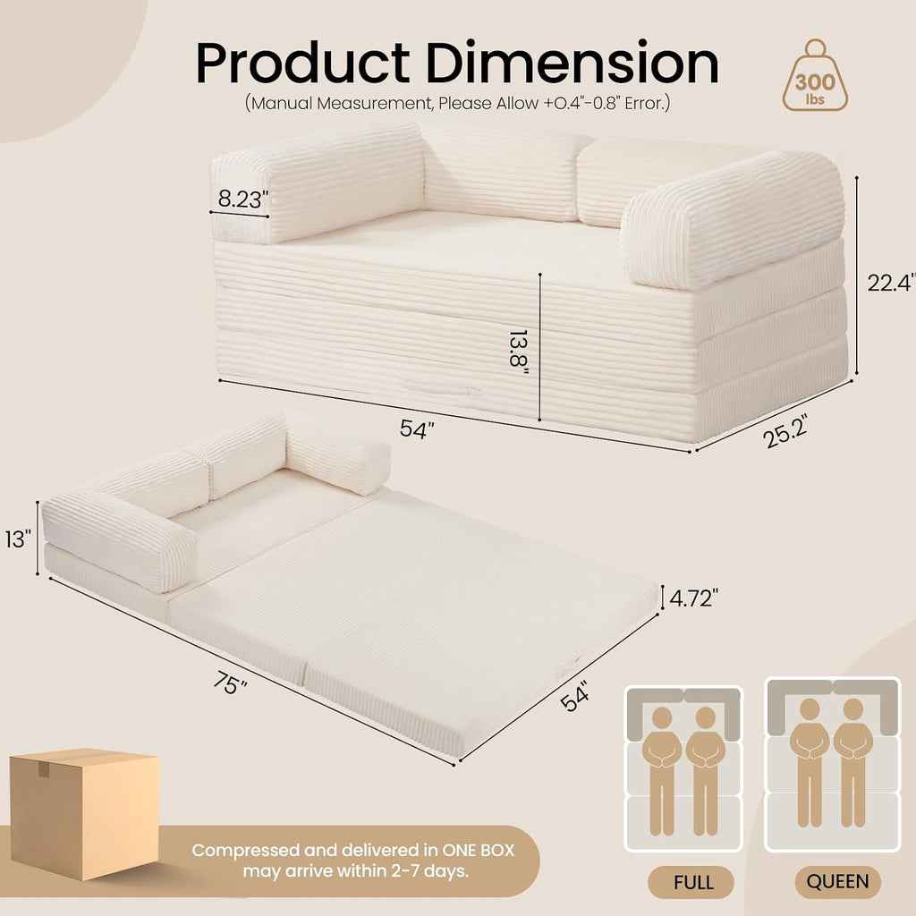 Tri-Fold Foldable Mattress, Convertible Folding Sofa Bed with Removable Arms & Washable Cover, All-in-One Portable Mattress Floor Sofa Bed, No Assembly Required & Non-Slip, Full Size, Beige