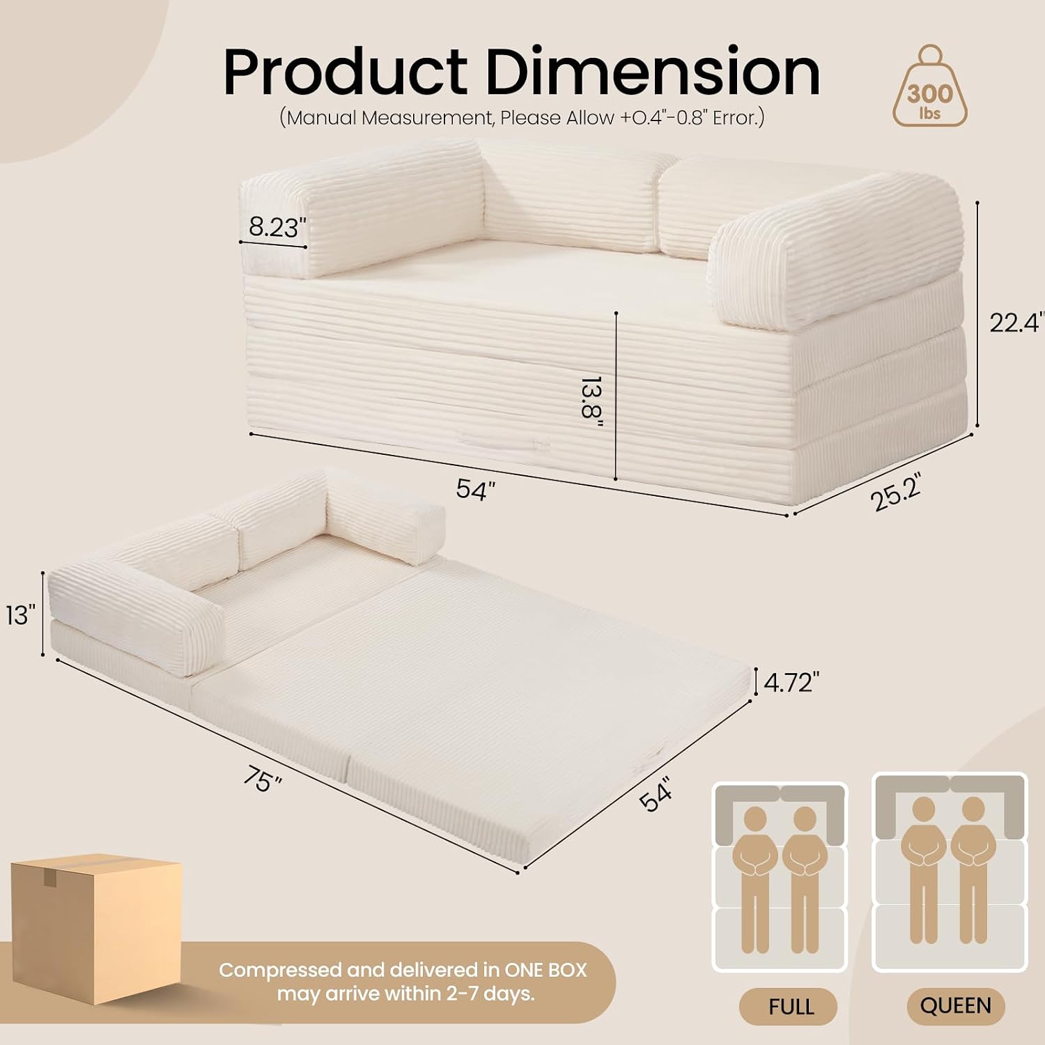 Tri-Fold Foldable Mattress, Convertible Folding Sofa Bed with Removable Arms & Washable Cover, All-in-One Portable Mattress Floor Sofa Bed, No Assembly Required & Non-Slip, Full Size, Beige