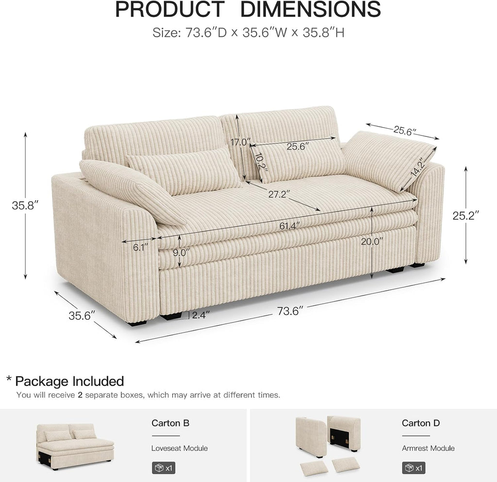 Belffin Large Modular Sectional Sofa with Deep Chaise Modular Sectional Loveseat Sofa with 9' Soft Dual-Layer 2 Seater Sofa Couch Corduroy Beige