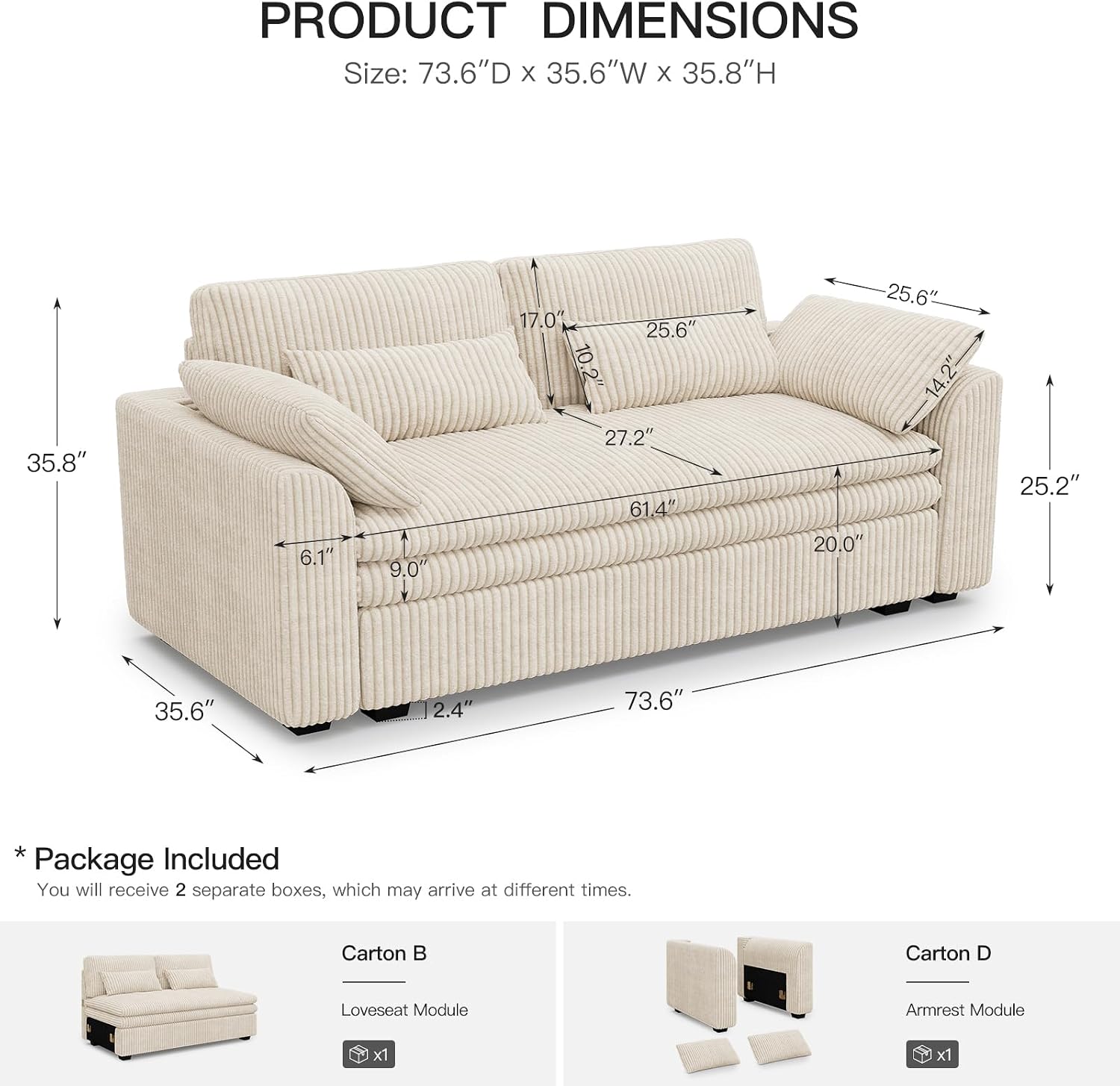 Belffin Large Modular Sectional Sofa with Deep Chaise Modular Sectional Loveseat Sofa with 9' Soft Dual-Layer 2 Seater Sofa Couch Corduroy Beige