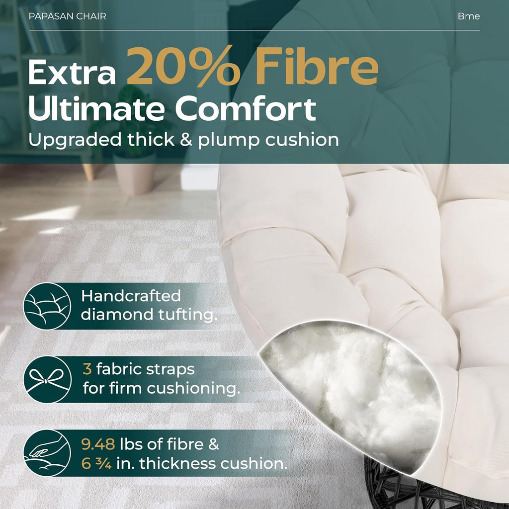 Bme 40' Ergonomic Wicker Papasan Chair with Soft Thick Cushion & Frame, 360° Swivel, Circle, Reading, Comfy Chair for Living Room, Bedroom
