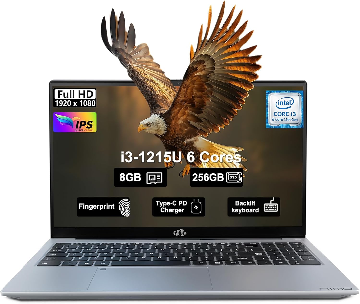 NIMO 15.6' IPS FHD-Business-Laptop, Intel 6 Core i3-1215U 8GB RAM 256GB SSD (Beat i5-1135G7, Up to 4.4GHz) Computer with Backlit Keyboard Fingerprint 65W Type C Wi-Fi 6 Numpad Win 11