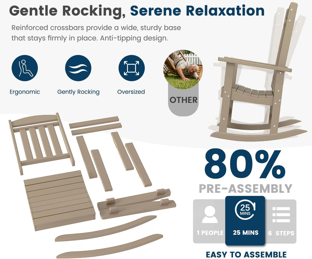 FOOWIN Outdoor Rocking Chair, High Back Patio Rocking Chair, HDPE All Weather Resistant Porch Rocker for Adult, Oversized Rocking Chairs for Garden, Lawn, Indoor & Outdoor Use, Brown