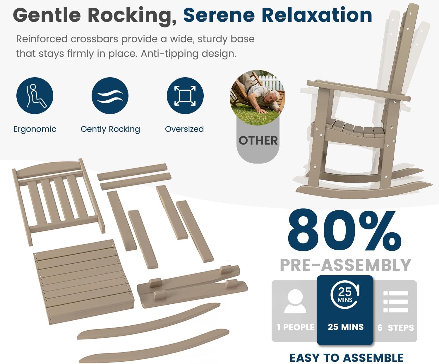 FOOWIN Outdoor Rocking Chair, High Back Patio Rocking Chair, HDPE All Weather Resistant Porch Rocker for Adult, Oversized Rocking Chairs for Garden, Lawn, Indoor & Outdoor Use, Brown