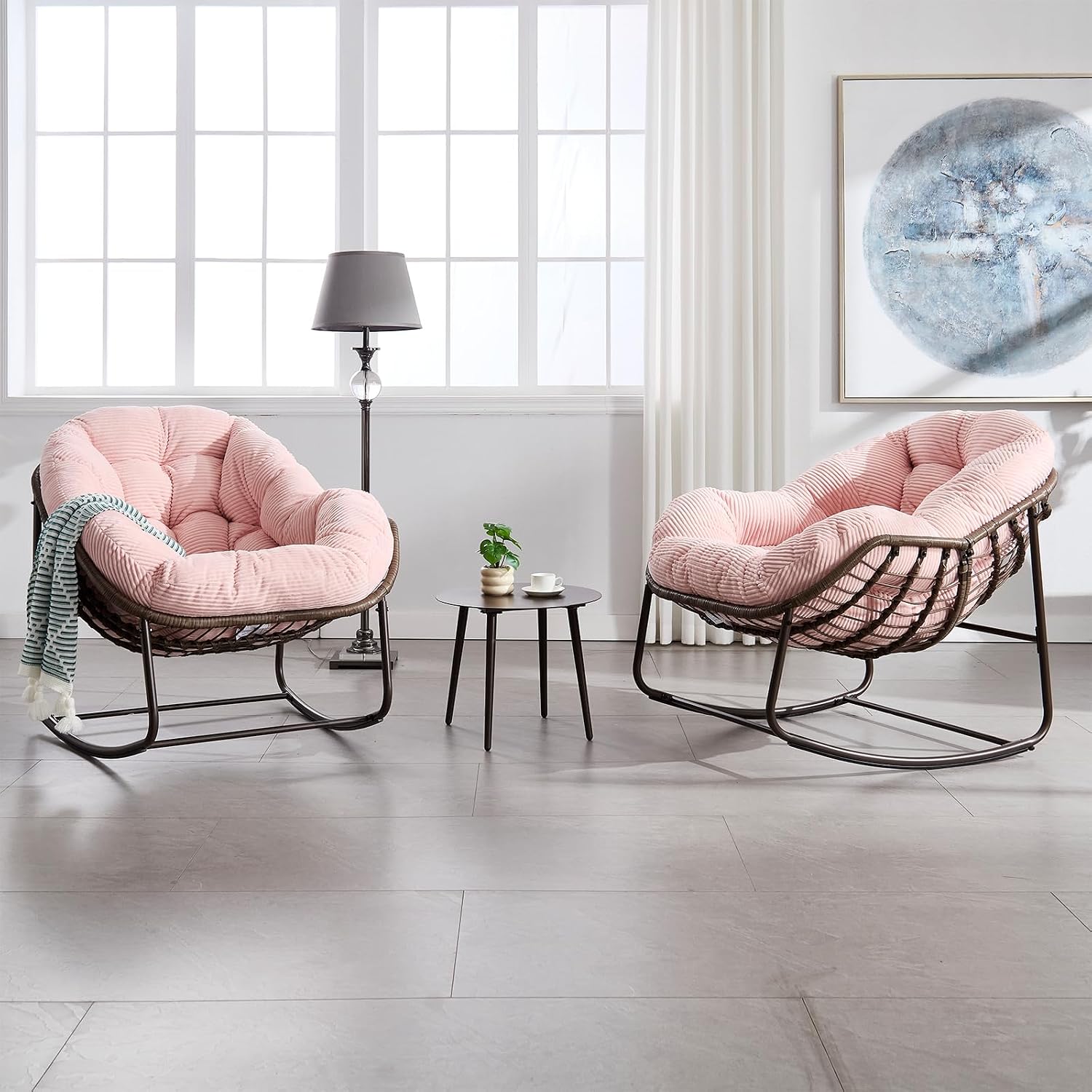 JEEOHEY Papasan Rocking Chairs Outdoor Indoor, Oversized Rattan Rocker Patio Chair with Padded Cushion, Comfy Modern Indoor Egg Chair for Living Room, Bedroom, Porch, Garden, Balcony(Corduroy, Pink)