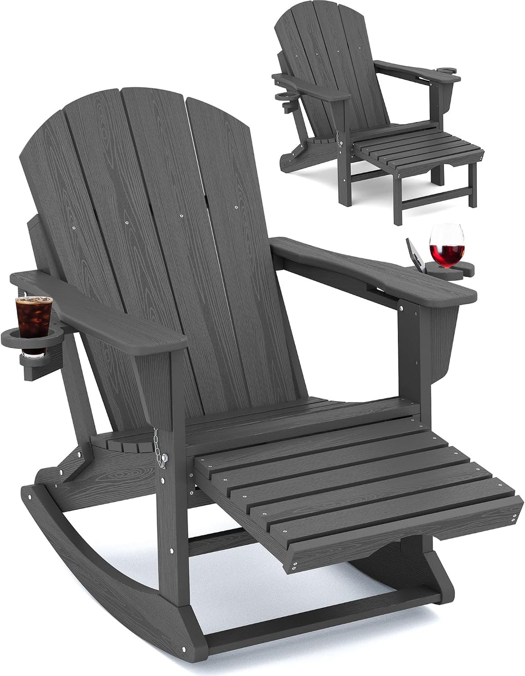 KINGYES Adirondack Rocking Chair with Retractable Ottoman and Cup Holders, HDPE Adirondack Rocker Patio Rocking Chair for Porch, Patio, Balcony, Leaden Grey