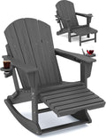 KINGYES Adirondack Rocking Chair with Retractable Ottoman and Cup Holders, HDPE Adirondack Rocker Patio Rocking Chair for Porch, Patio, Balcony, Leaden Grey
