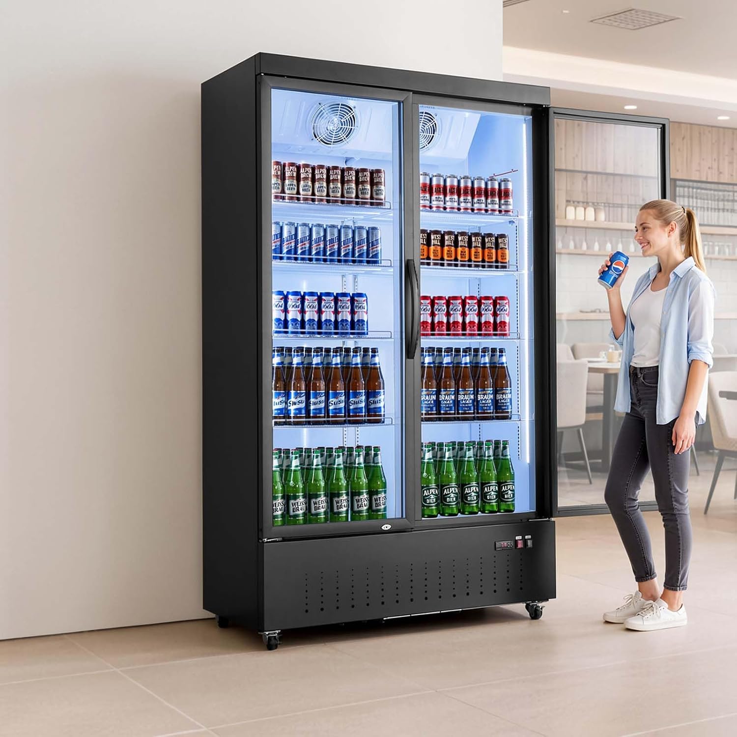 VEVOR Commercial Merchandiser Refrigerator, 29.3 Cu.Ft / 830L Upright Beverage Cooler, 2 Glass Door Display Refrigerator with 8 Adjustable Shelves, Soft LED Light & Casters for Bars Shops Supermarkets
