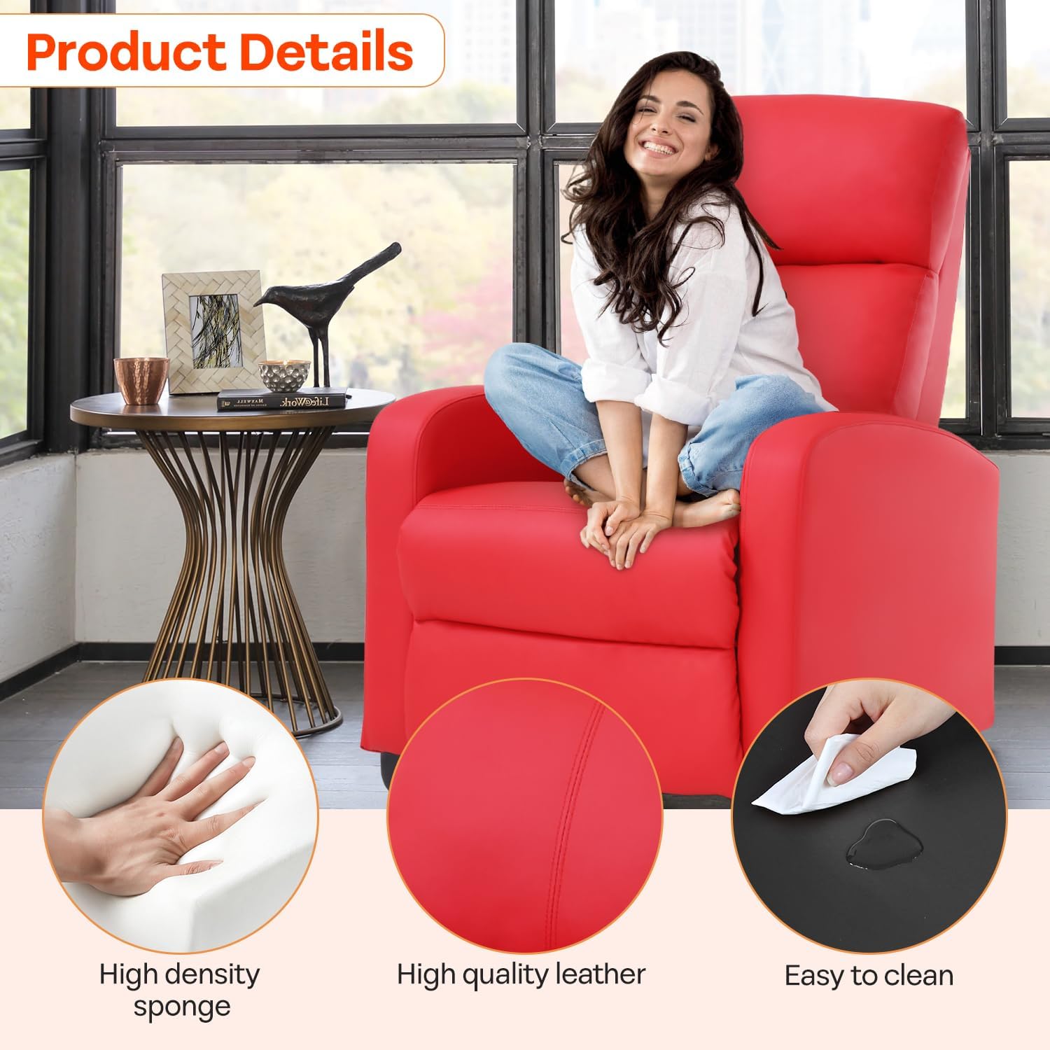 FDW Recliner Chair Massage Chair Reading Chair Reclining Sofa Home Theater Seating with Lumbar Support Massage and Padded Backrest for Living Room and Bedroom (Leather, Red)