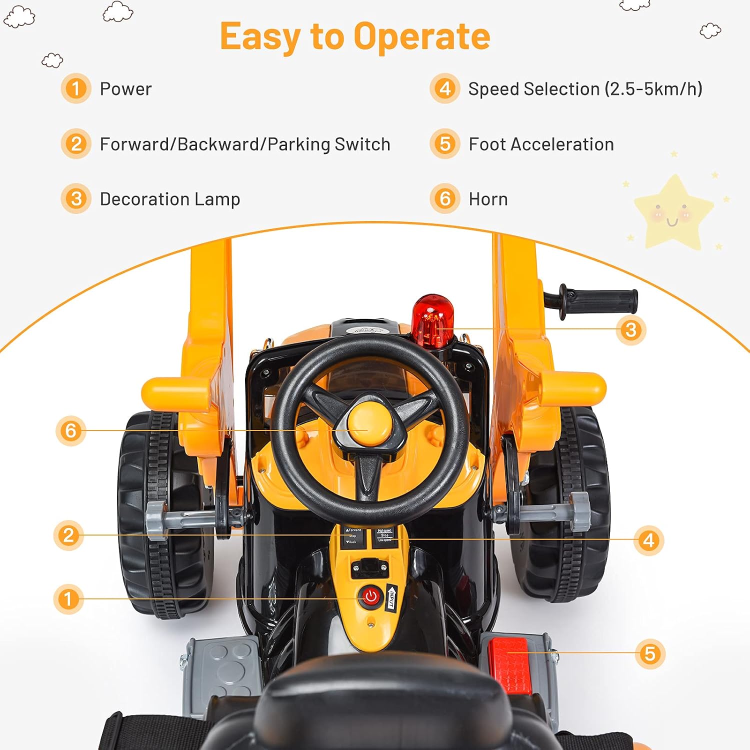 Costzon Ride on Excavator, 12V Battery Powered Construction Vehicles for Kids with Front Loader, Horn, Safety Belt, Treaded Wheels, Ride on Bulldozer Truck, Excavator Ride on Toy Gift for Boys Girls