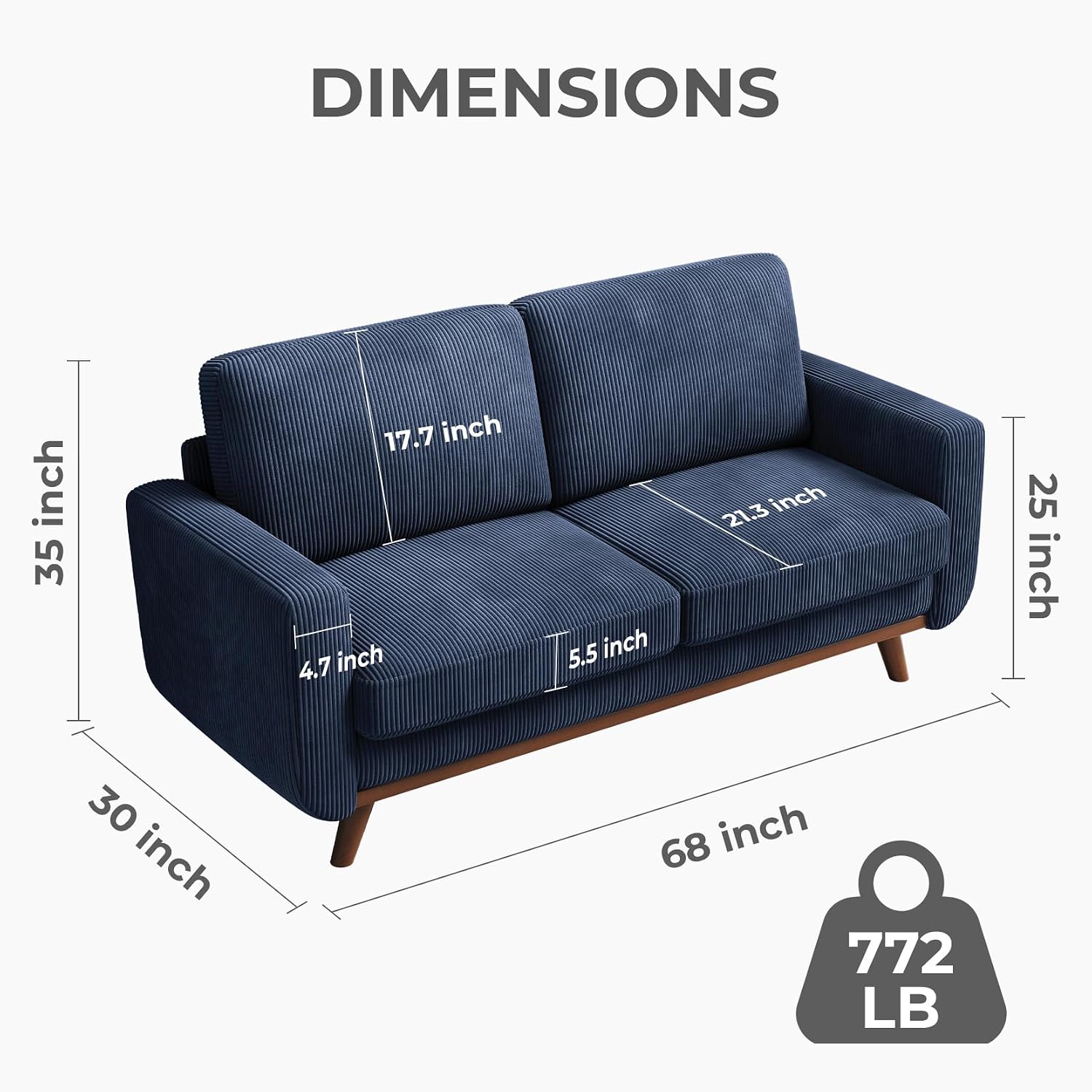 Vesgantti 68' Loveseat Sofa Dark Blue, Comfy Corduroy Couch with Spring Cushion and Solid Wood, Modern Extra Deep Seat for Bedroom, Living Room, Office