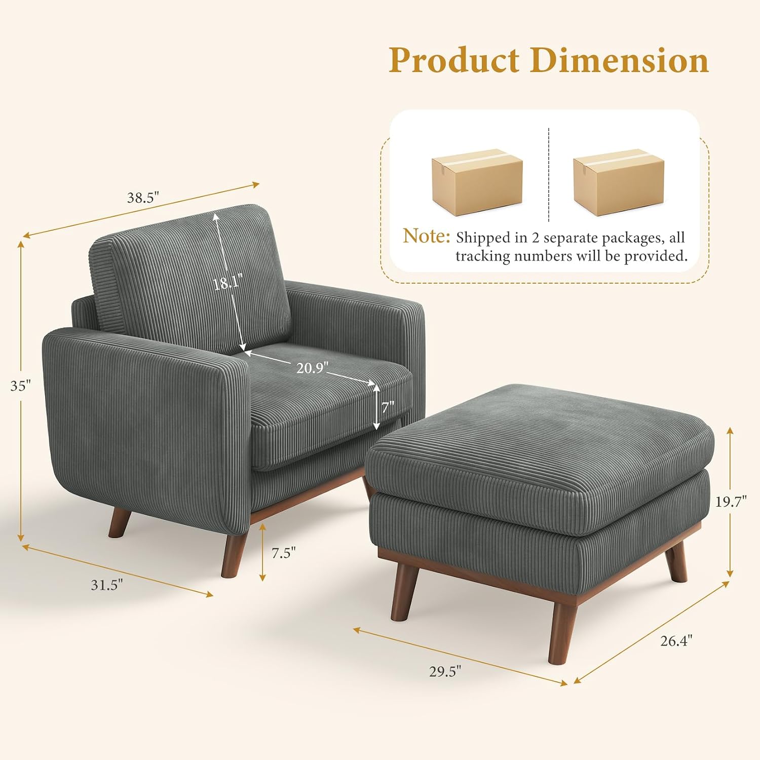 Vesgantti 38.5' Accent Chair with Movable Ottoman, Comfy Corduroy Armchair with Spring Cushion, Reading Chair with Ottoman, Modern Single Sofa for Living Room, Bedroom and Apartment, Dark Gray