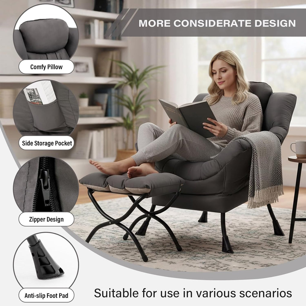 MBOOYOME Lazy Chair with Ottoman, Modern Accent Lounge Armchair with Armrests and a Side Pocket & Foldable Footstool, Leisure Reading Chair for Living Room, Bedroom, Dorm & Office, Dark Grey