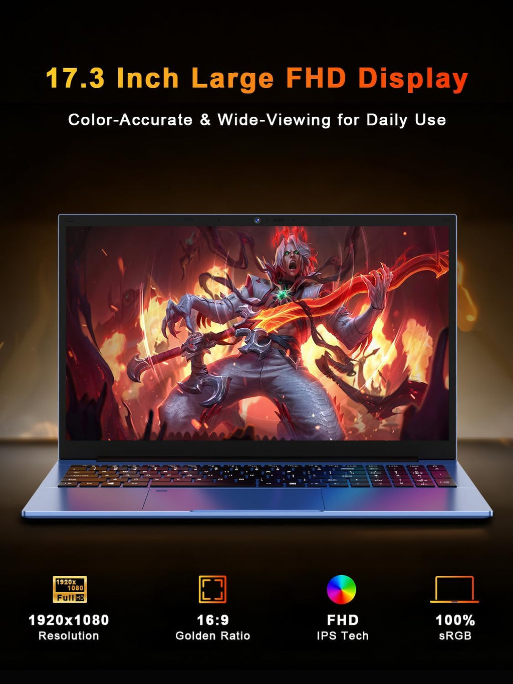 XNQ 17.3'' Gaming Laptop 2026, Win 11 Pro Lap Top, Core i5 Turbo 3.80GHz, 16GB RAM 1TB SSD, 1TB TF Expand, 10000mAh Battery, WiFi6 BT5, 1080 FHD, Colorful Backlit, Fingerprint, 2MP Privacy Cam