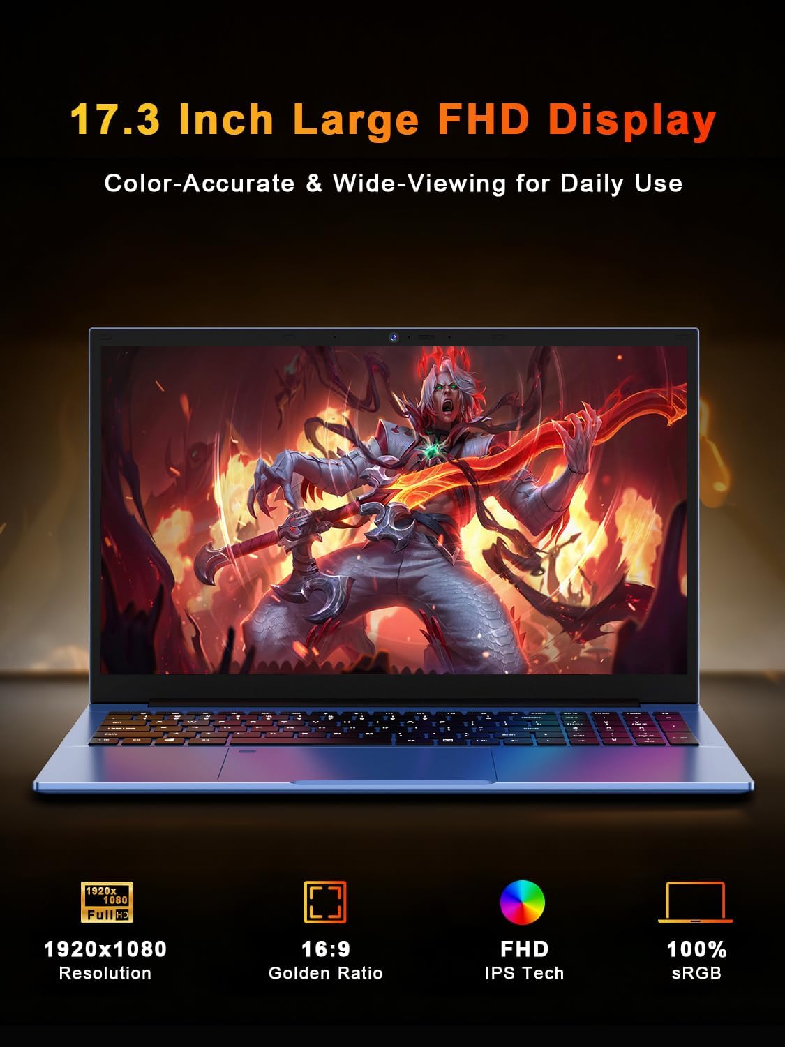 XNQ 17.3'' Gaming Laptop 2026, Win 11 Pro Lap Top, Core i5 Turbo 3.80GHz, 16GB RAM 1TB SSD, 1TB TF Expand, 10000mAh Battery, WiFi6 BT5, 1080 FHD, Colorful Backlit, Fingerprint, 2MP Privacy Cam