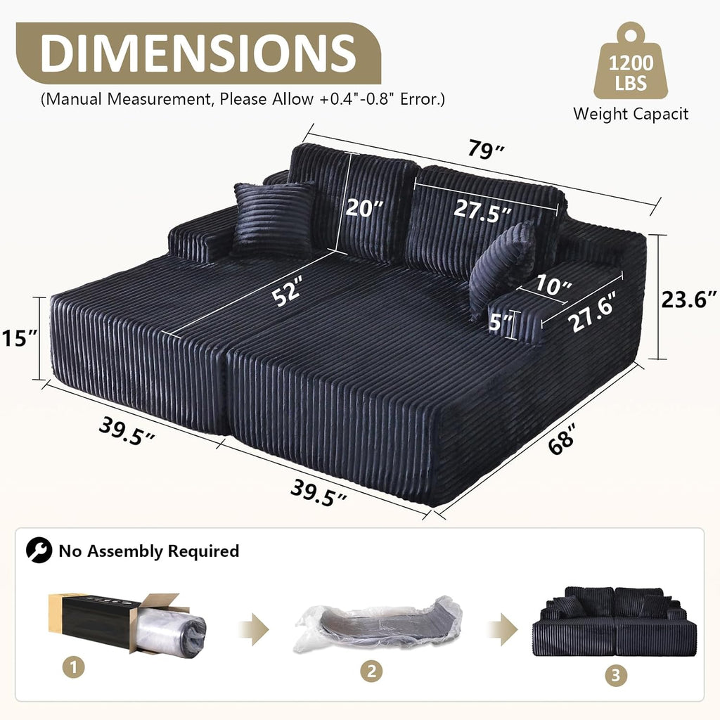 WHGBJA Oversized 79' Double Chaise Lounge Sofa Bed, Deep Seat Corduroy Cloud Loveseat Chair, No Assembly, Plush Upholstered Sleeper for Living Room or Bedroom (Dark Black)