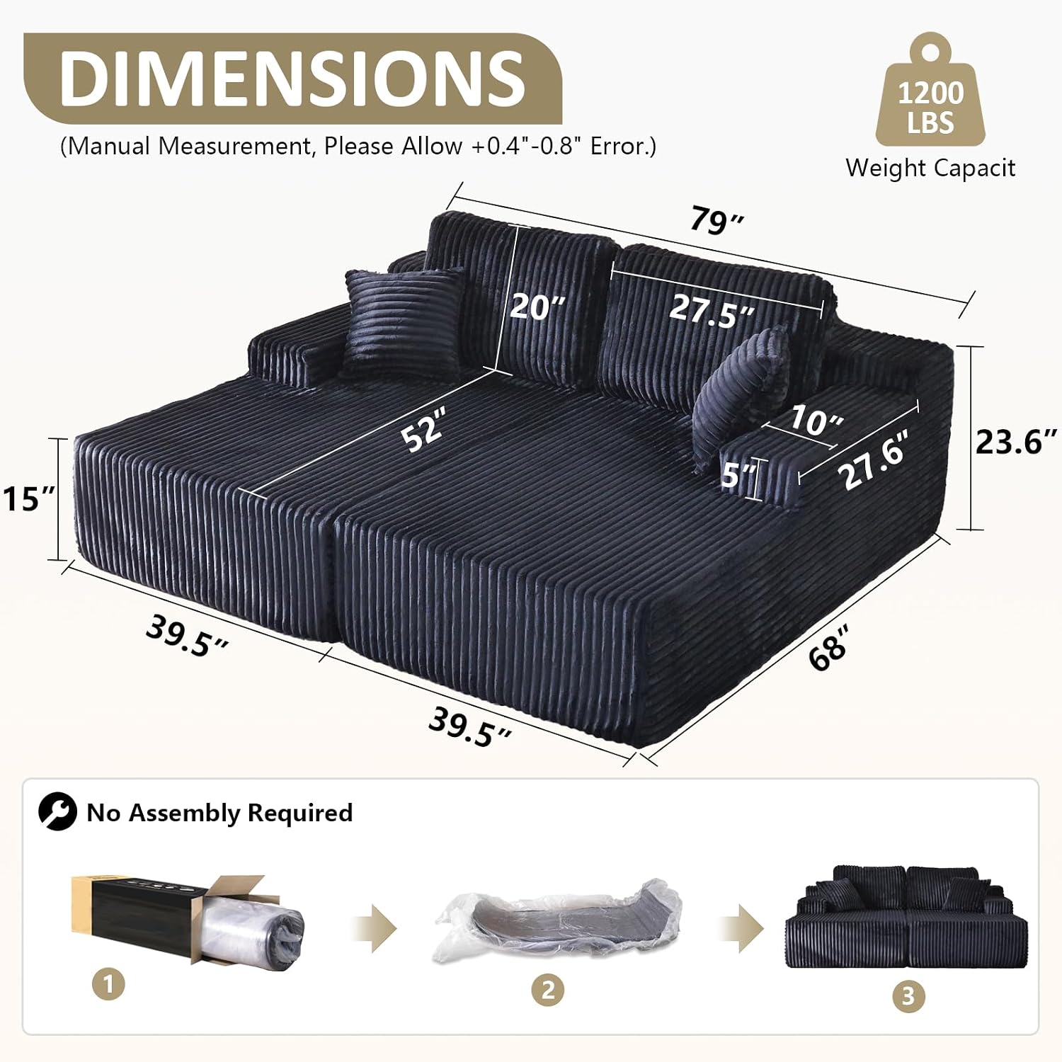 WHGBJA Oversized 79' Double Chaise Lounge Sofa Bed, Deep Seat Corduroy Cloud Loveseat Chair, No Assembly, Plush Upholstered Sleeper for Living Room or Bedroom (Dark Black)