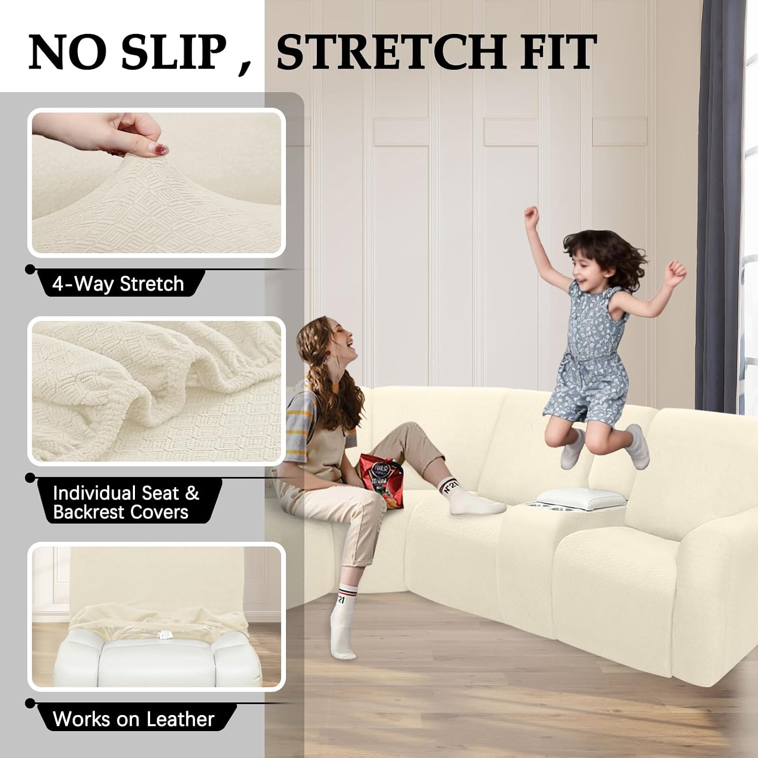 Waterproof Reclining Sectional Couch Covers Washable L Shaped Couch Cover for Sectionals Recliner Sofa Covers Stretch Corner Recliner Slipcovers for Dogs (5 Seater 1 Console Cover, Beige)